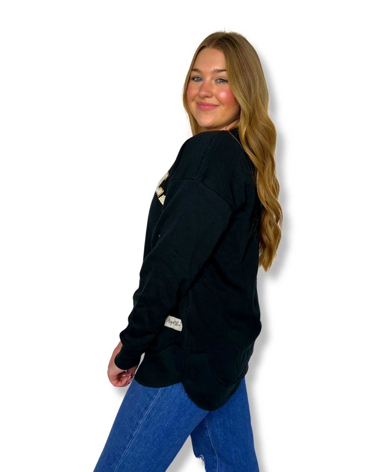 Baseball Preppy Chenille Patch Black High Low Pullover