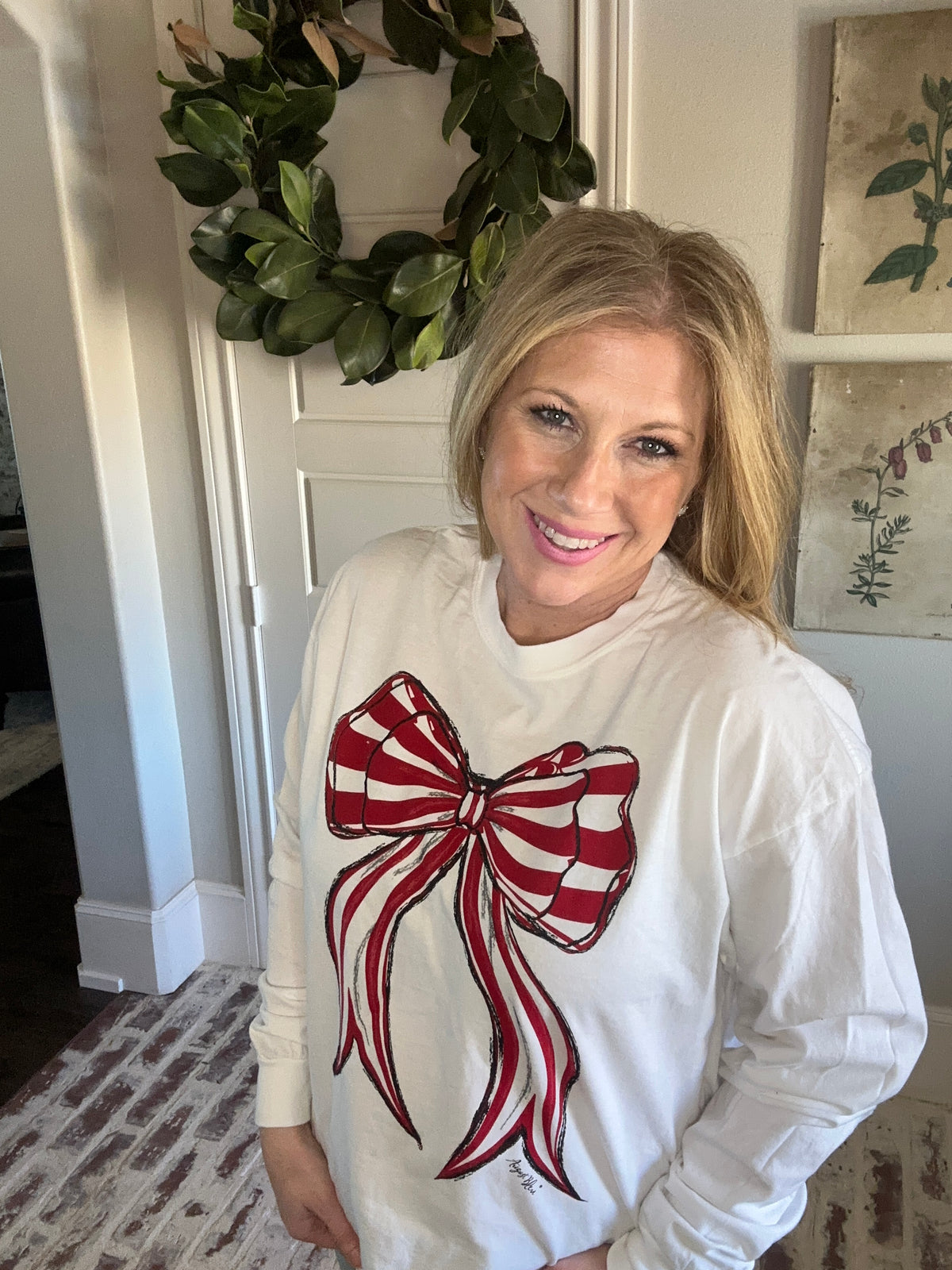 Red and White Striped Bow CC LS