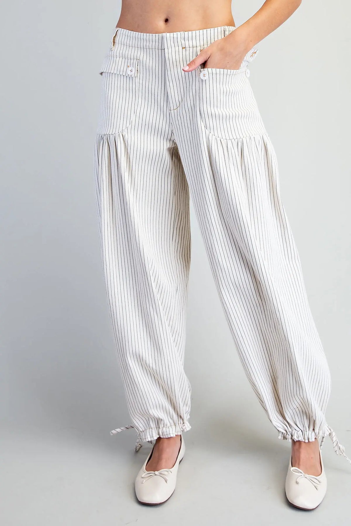 Pinstriped Drawstring Cuff Pants Oatmeal