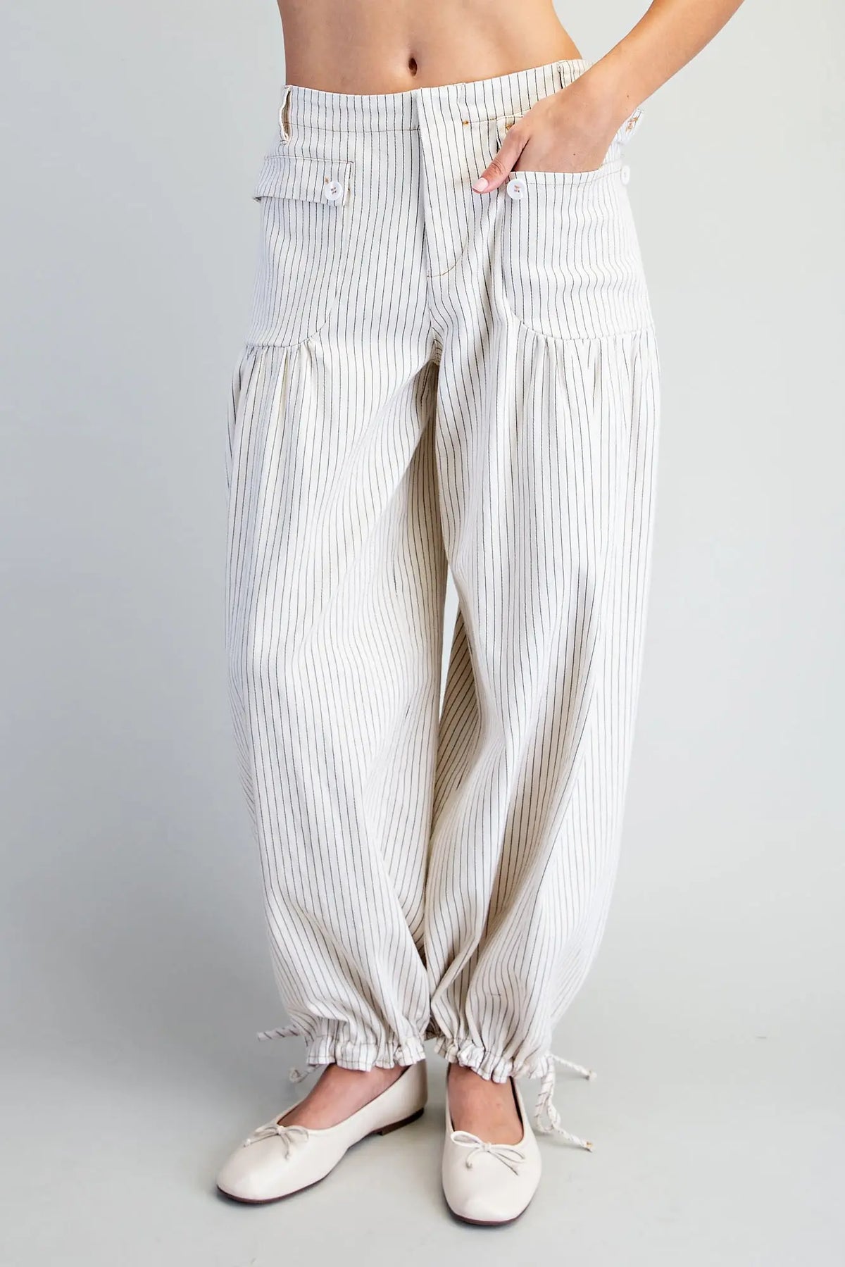 Pinstriped Drawstring Cuff Pants Oatmeal