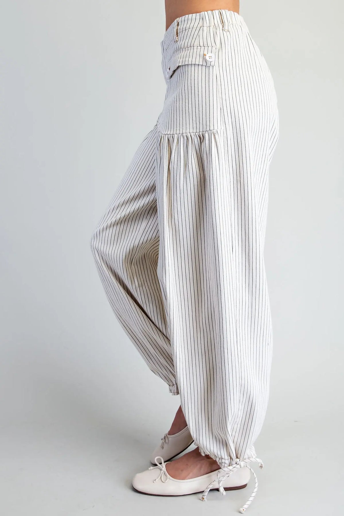 Pinstriped Drawstring Cuff Pants Oatmeal