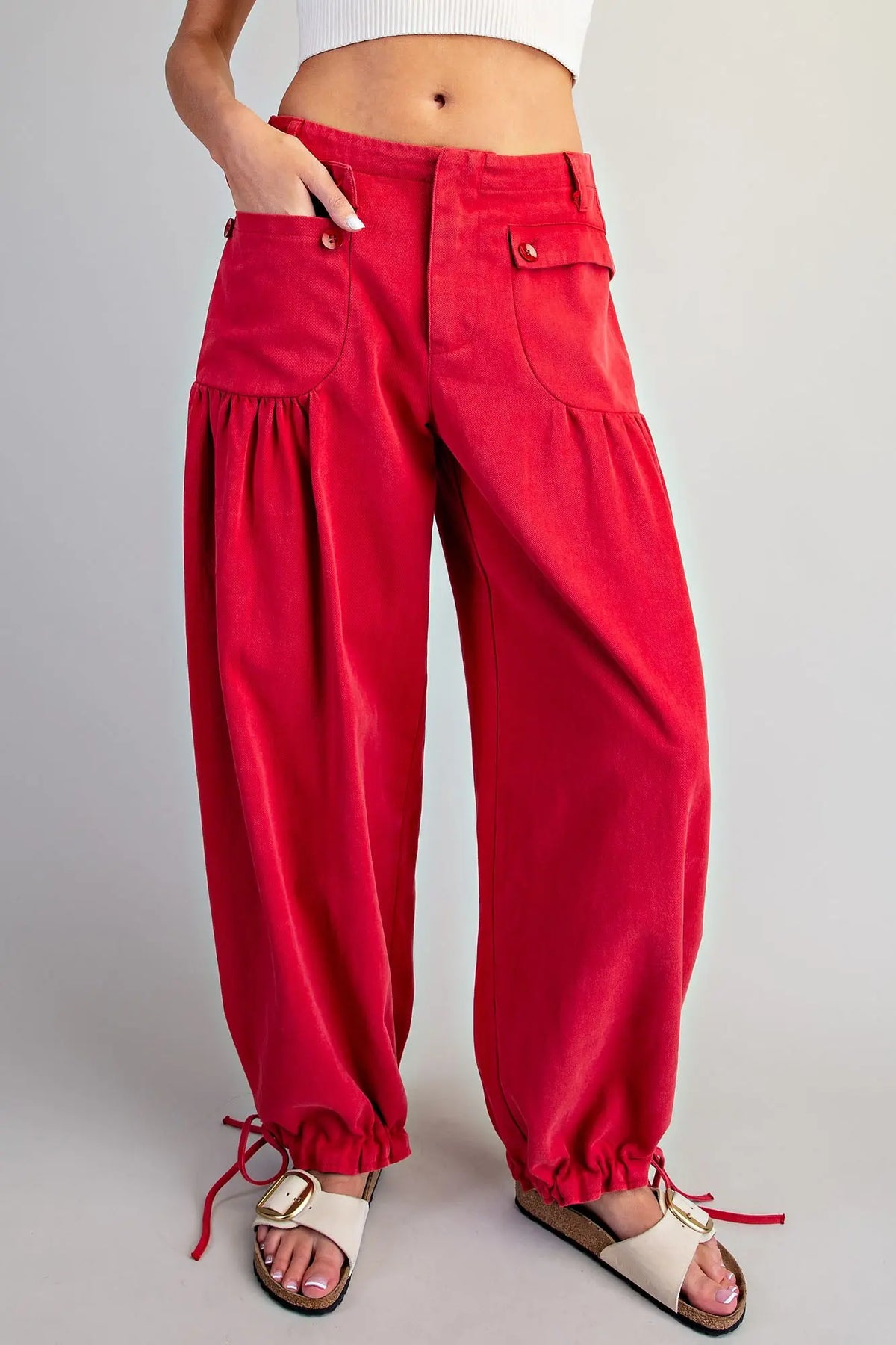 Poppy Red Mineral Washed Tie Cuff Pants