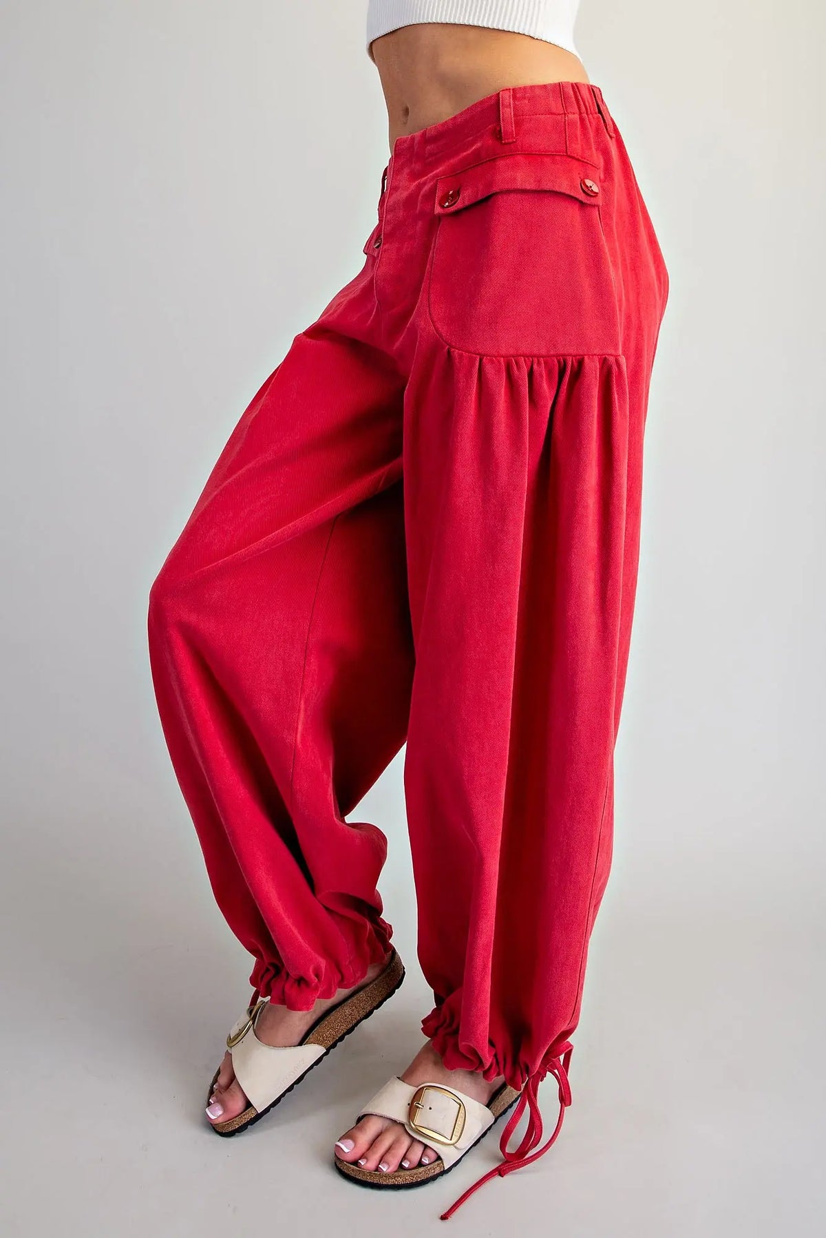 Poppy Red Mineral Washed Tie Cuff Pants