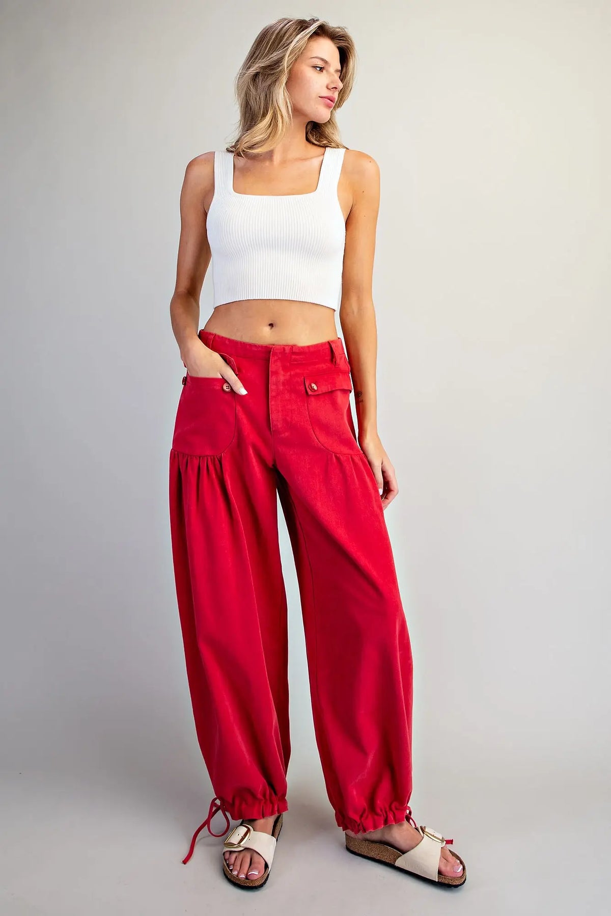 Poppy Red Mineral Washed Tie Cuff Pants