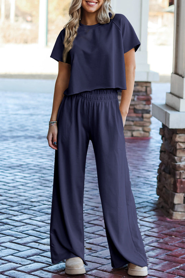 Zenana Navy Blue Round Neck T-Shirt and Wide Leg Pants Set.