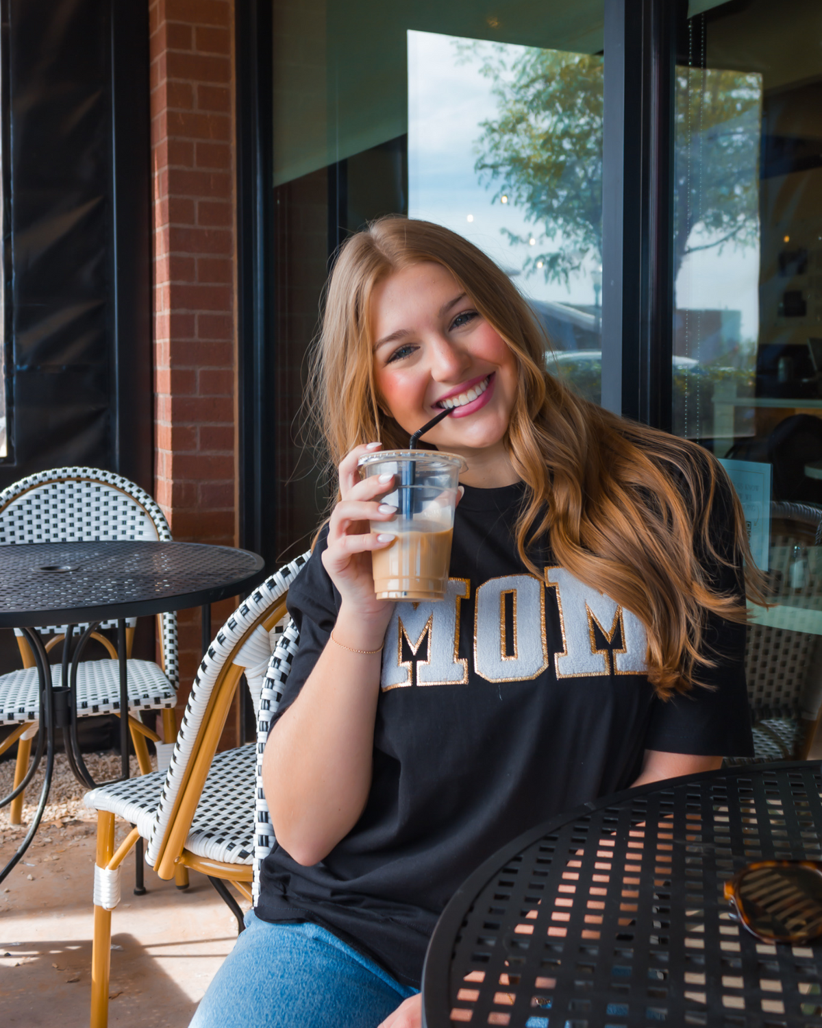 Mom Preppy Chenille Patch Black High Low Short Sleeve