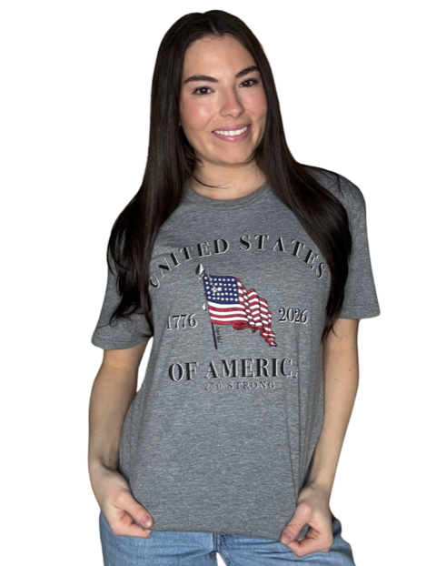 USA 250 Strong. Grey Short Sleeve.