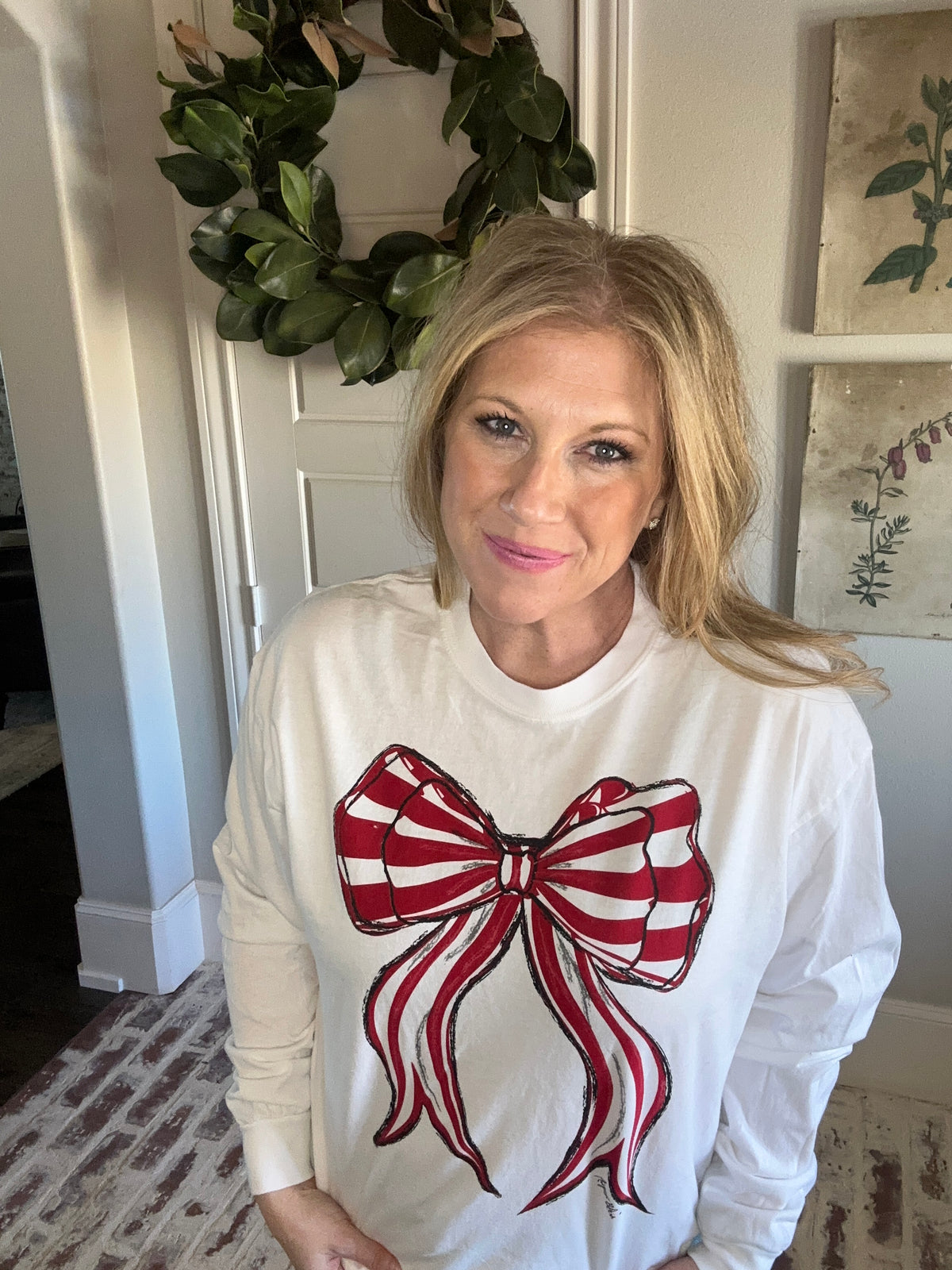 Red and White Striped Bow CC LS