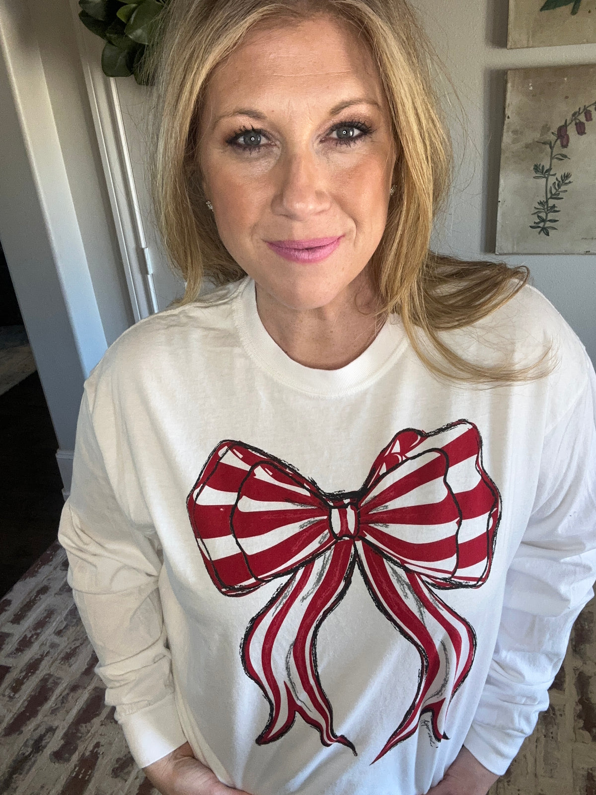 Red and White Striped Bow CC LS