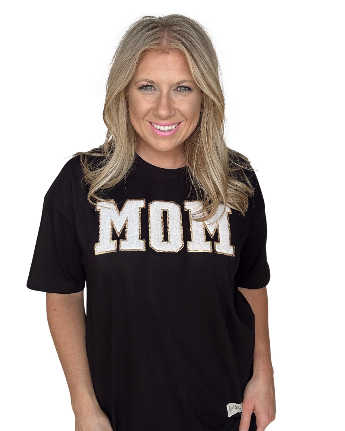 Mom Preppy Chenille Patch Black High Low Short Sleeve