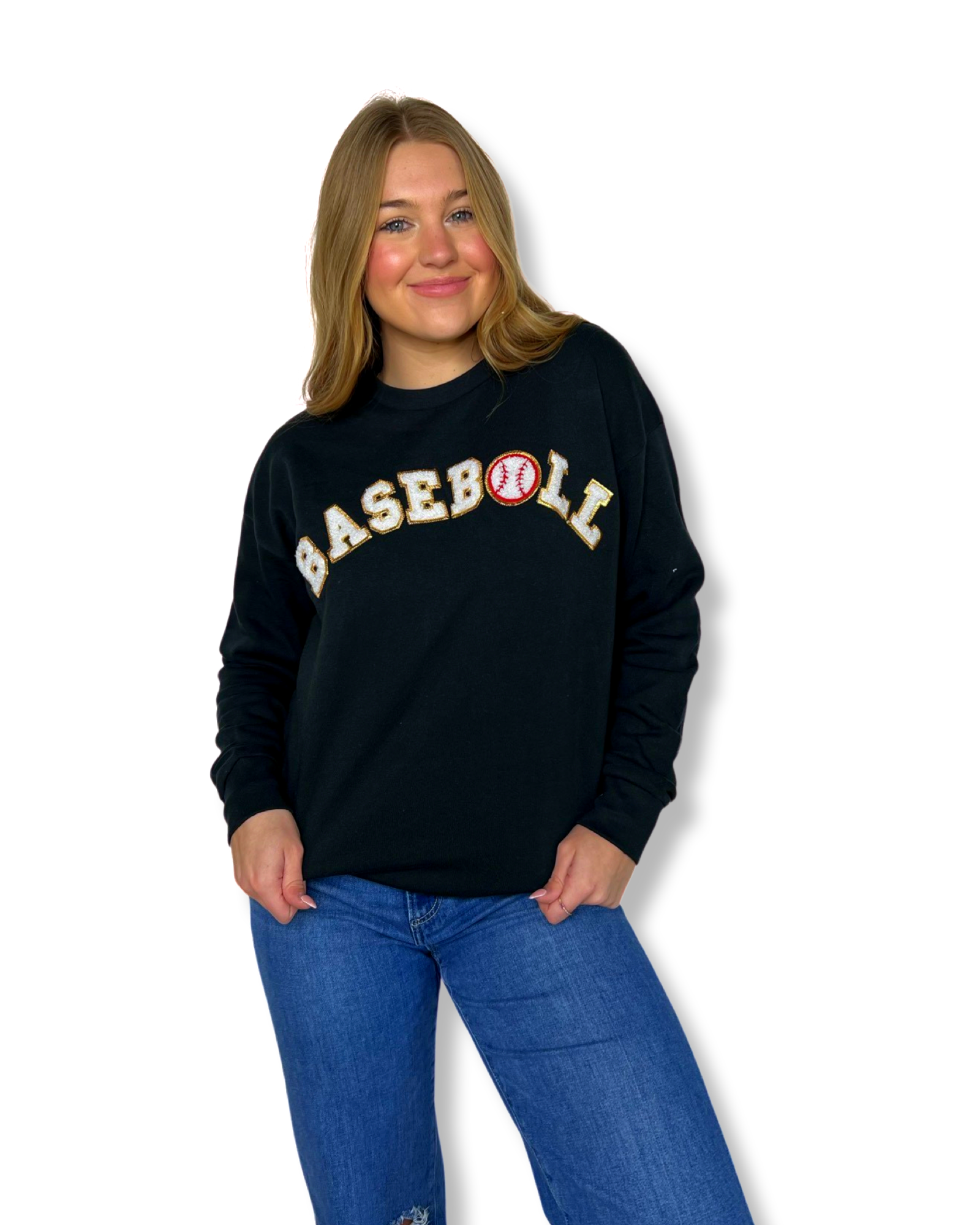 Baseball Preppy Chenille Patch Black High Low Pullover