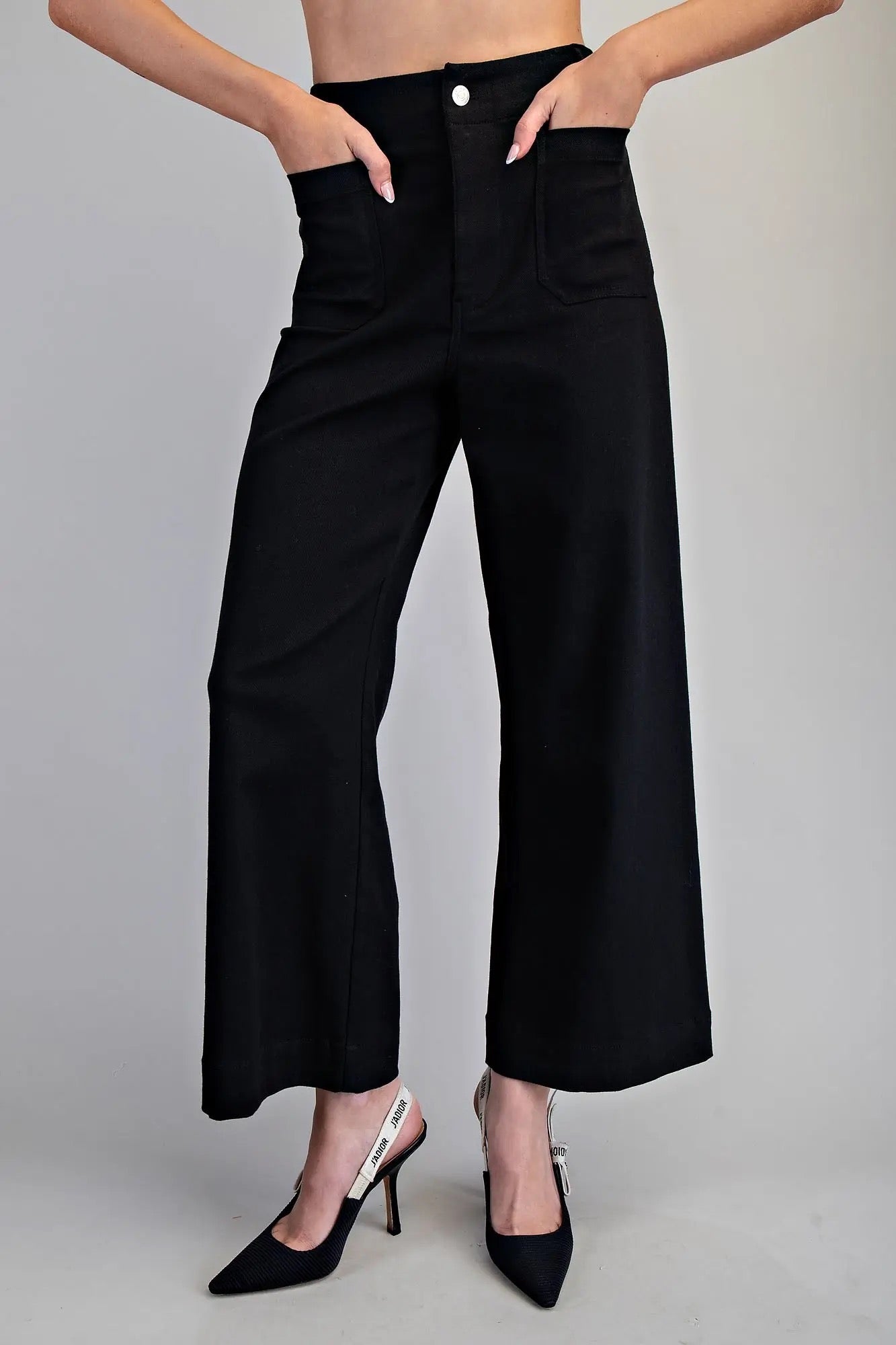 Black Soft Washed Wide Leg Pants With Buttons
