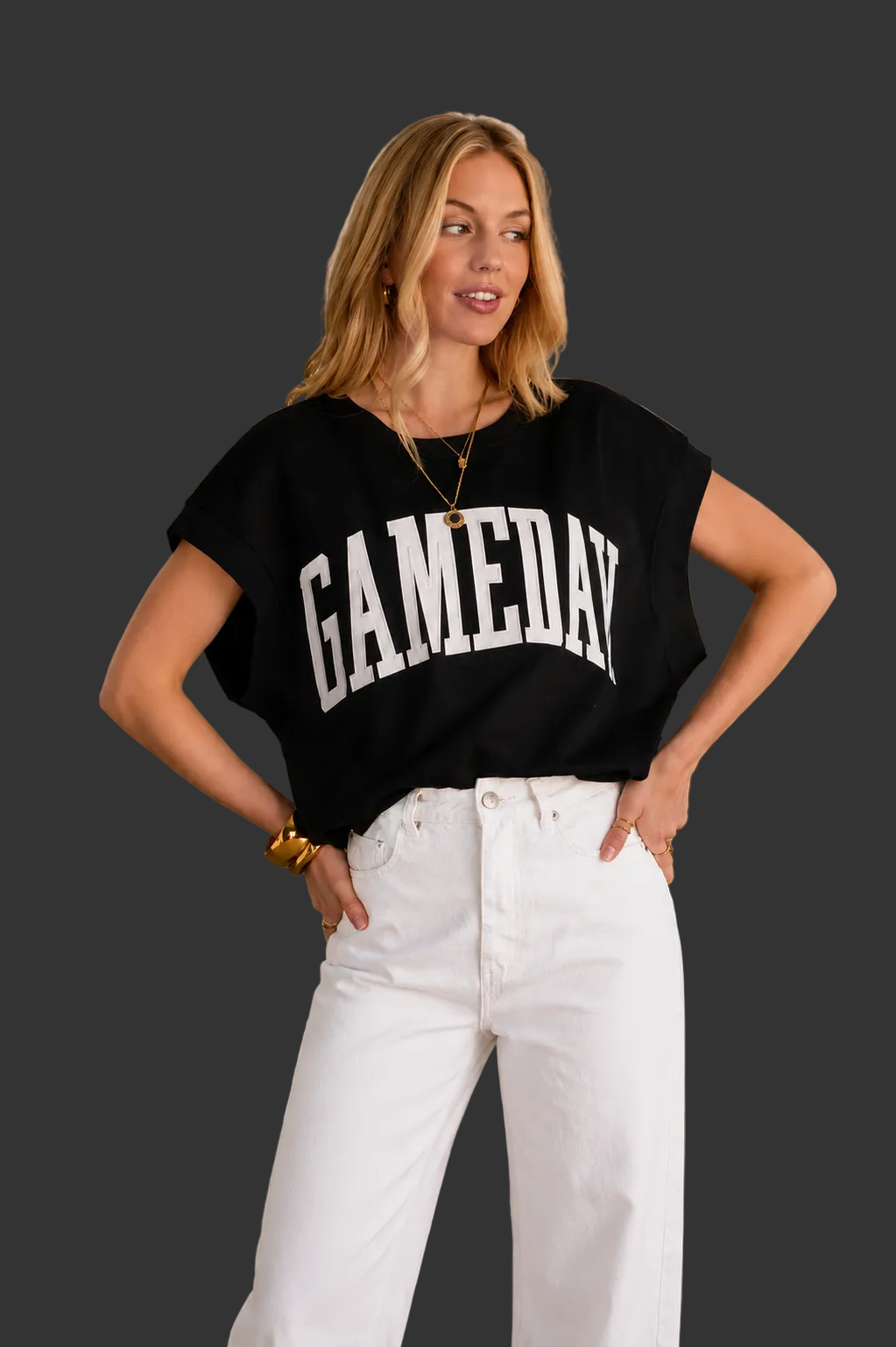 Black & White Game Day Short Sleeve Sweatshirt With Embroidered Letters