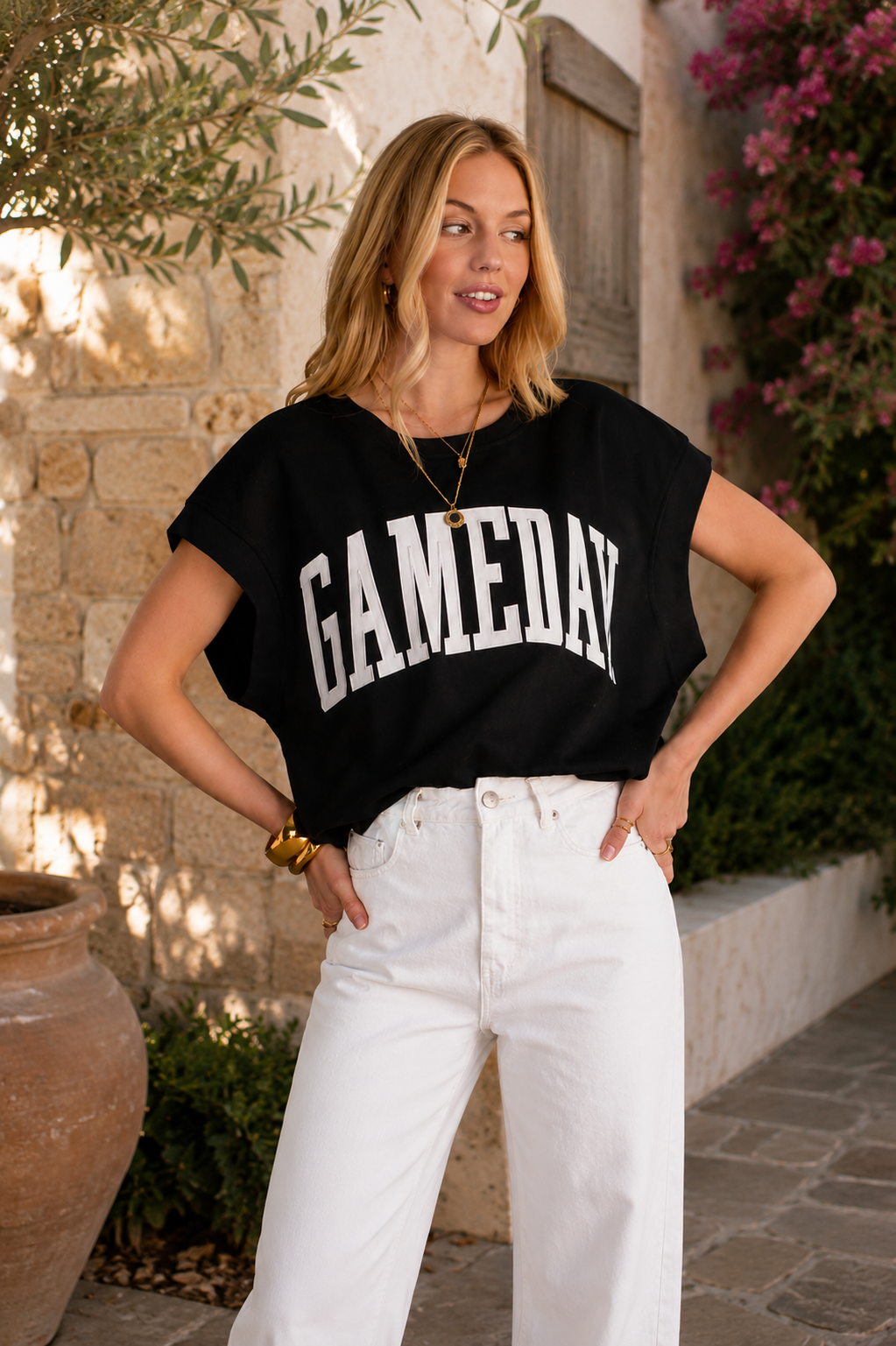 Black & White Game Day Short Sleeve Sweatshirt With Embroidered Letters