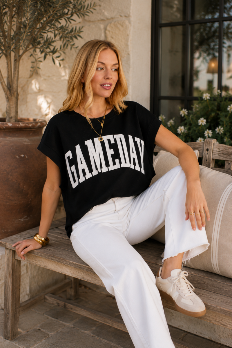 Black & White Game Day Short Sleeve Sweatshirt With Embroidered Letters