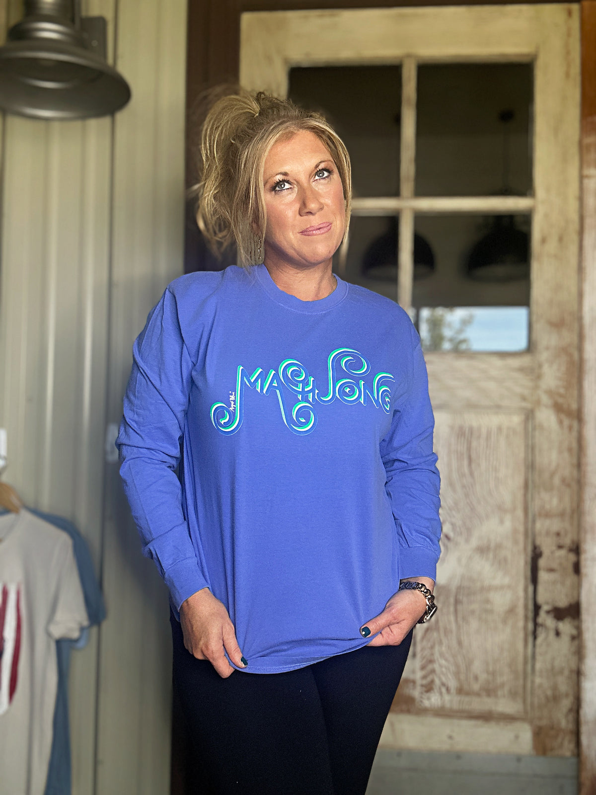 MAHJONG FLO BLUE  COMFORT COLOR LONG SLEEVE BLUE AND GREEN CURLY CUE