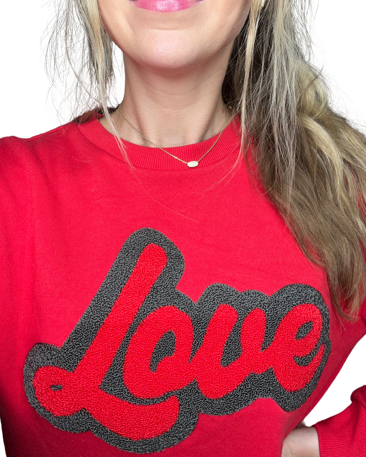 Love Red High Low Pullover - close up of custom patch