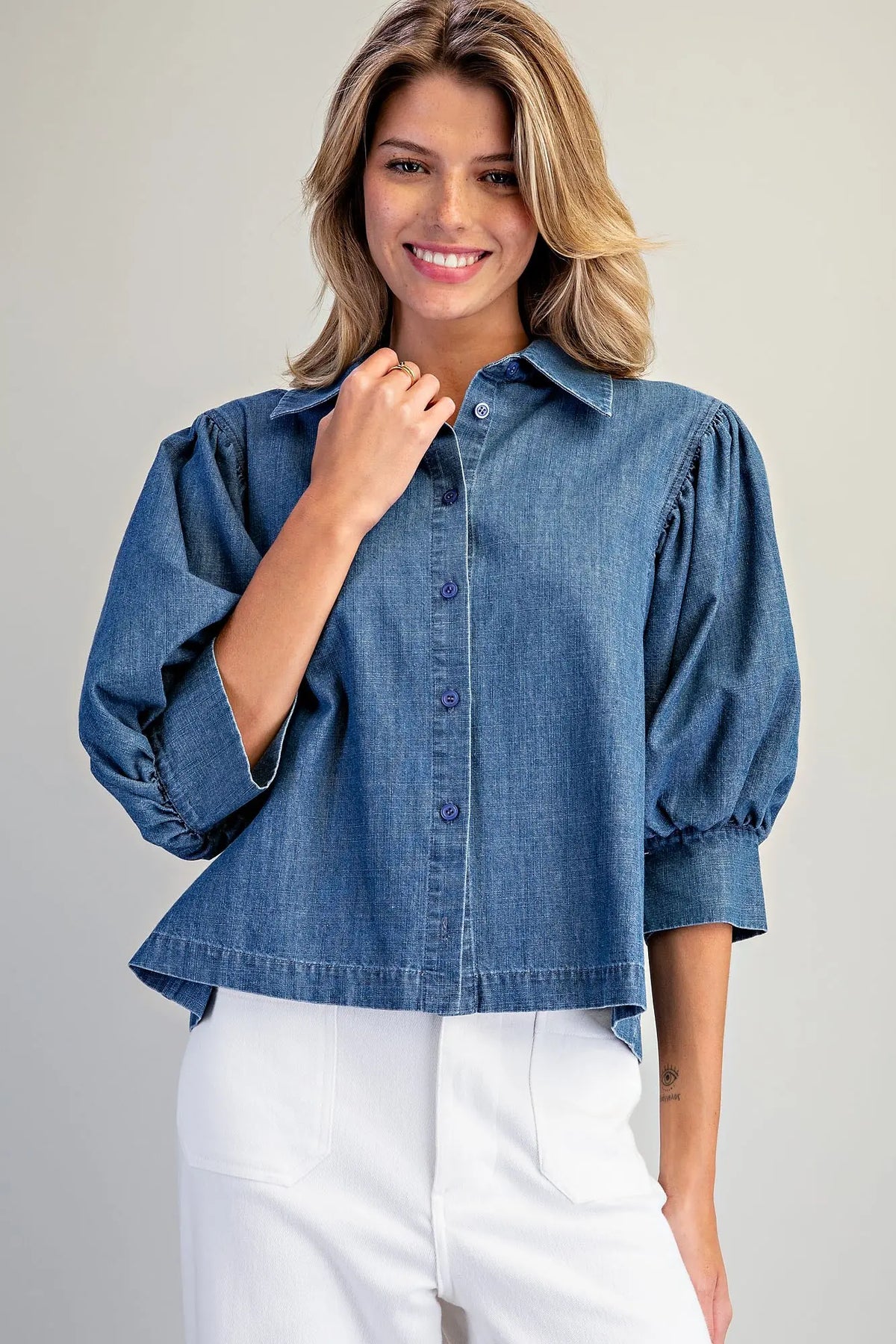 Denim Half Bubble Sleeve Blouse