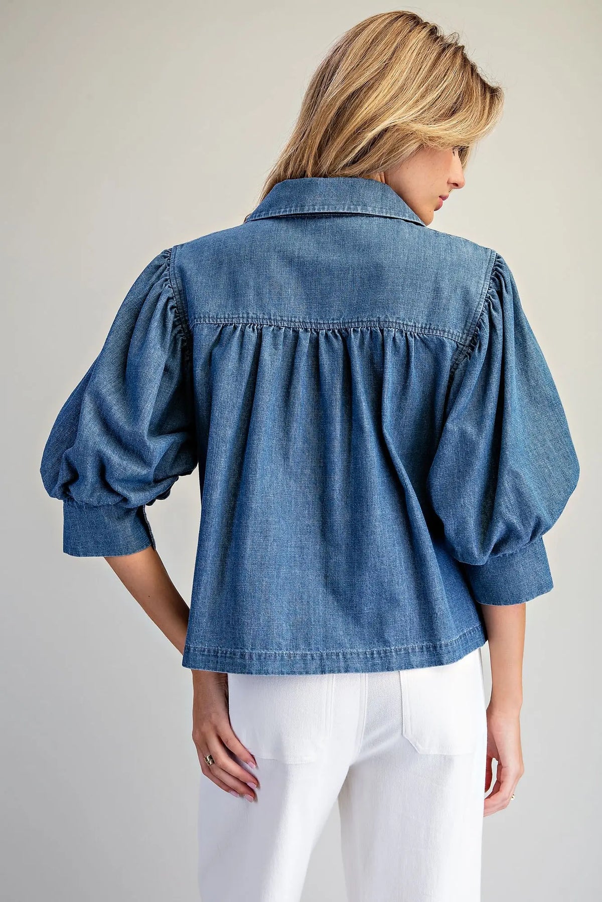 Denim Half Bubble Sleeve Blouse