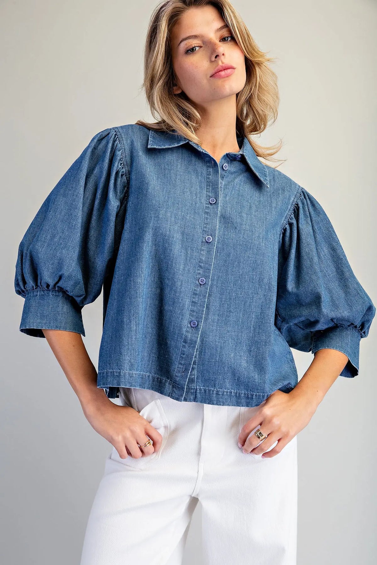 Denim Half Bubble Sleeve Blouse