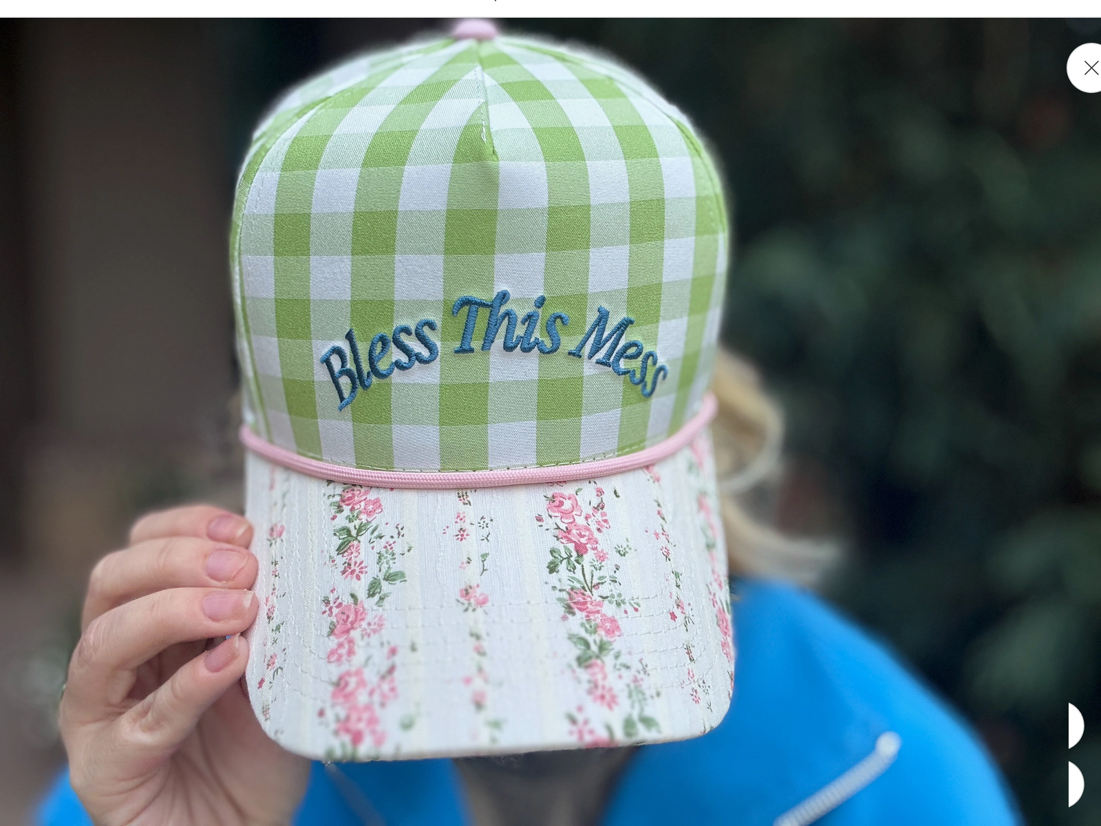 Embroidered Baseball Cap - "Bless This Mess" - Green Gingham