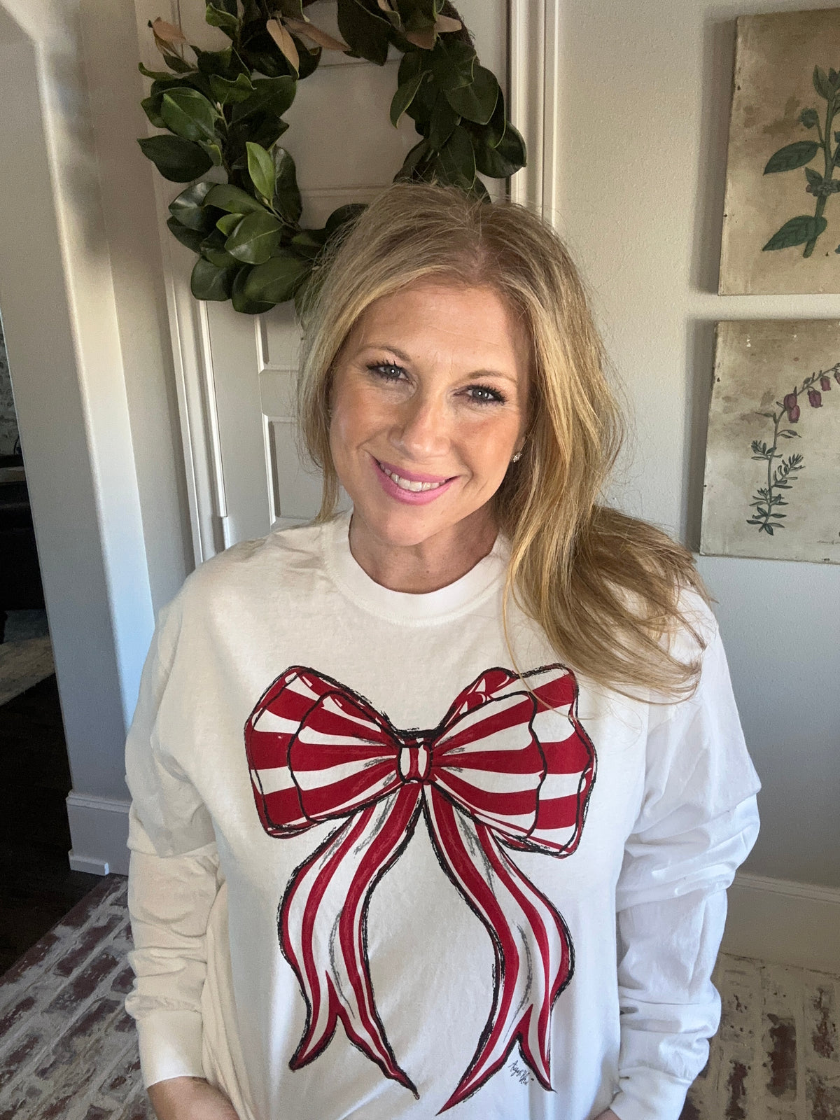 Red and White Striped Bow CC LS