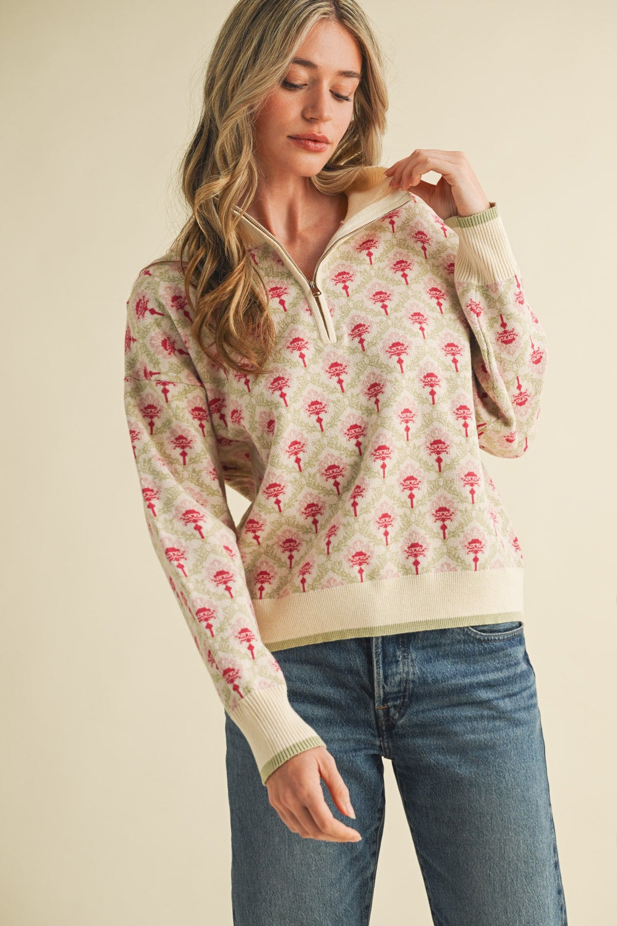 Floral Mock Neck Half Zip Pullover Sweater