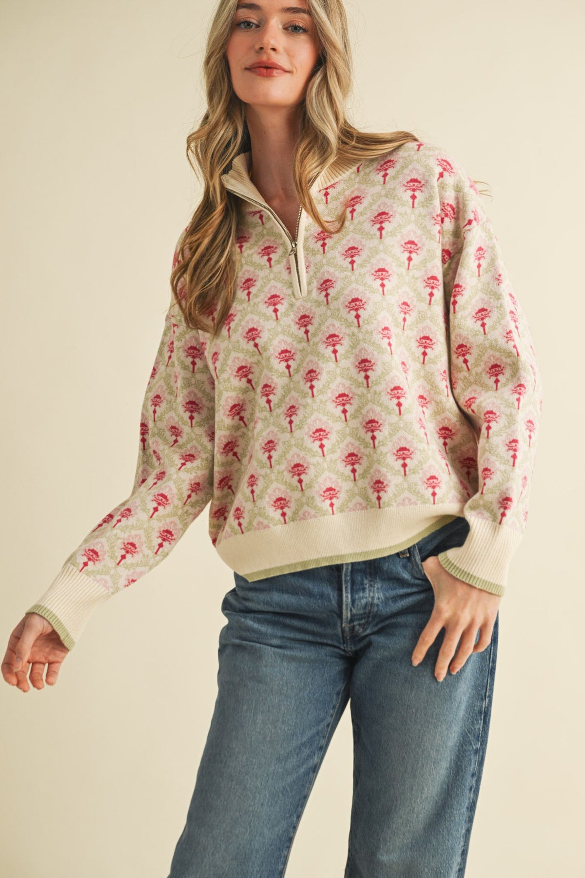 Floral Mock Neck Half Zip Pullover Sweater