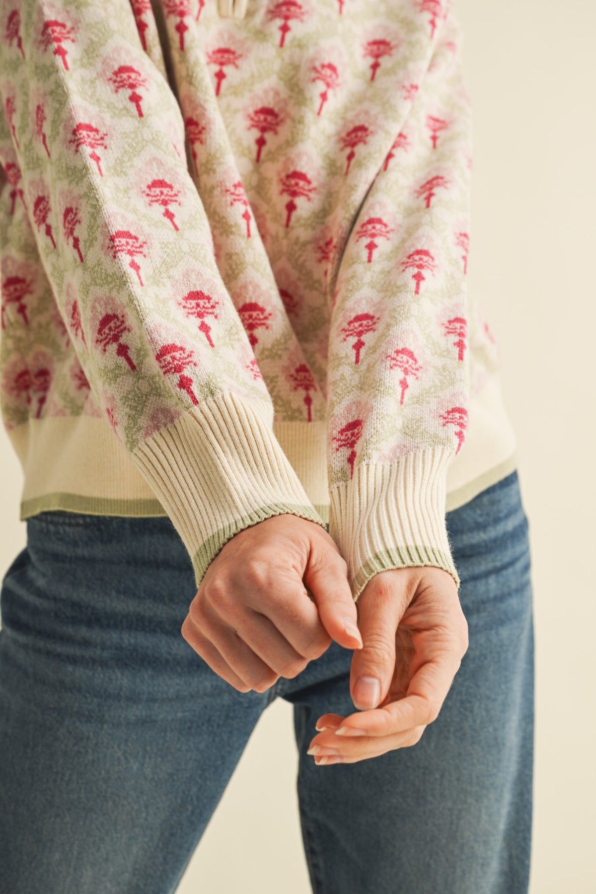 Floral Mock Neck Half Zip Pullover Sweater