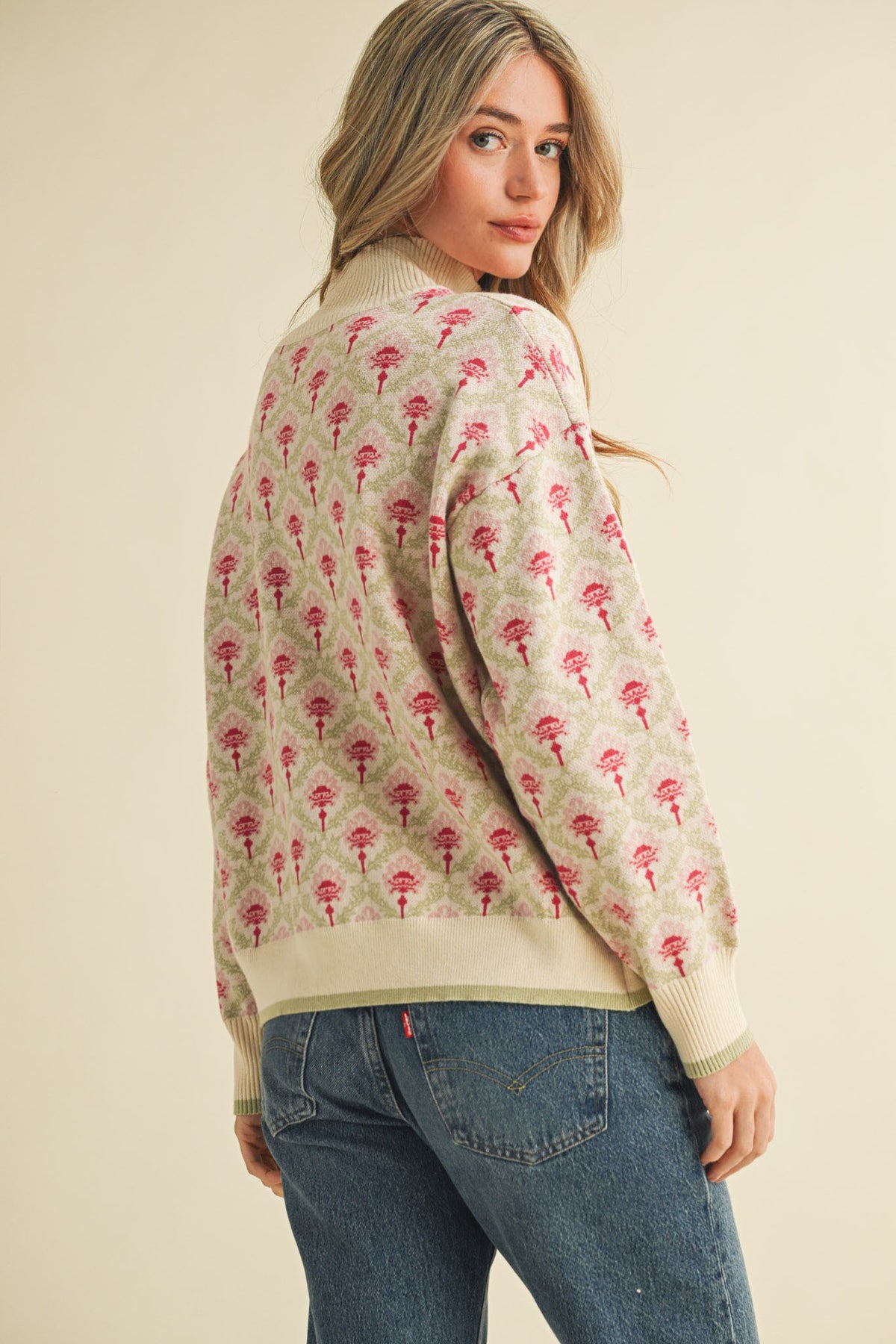 Floral Mock Neck Half Zip Pullover Sweater