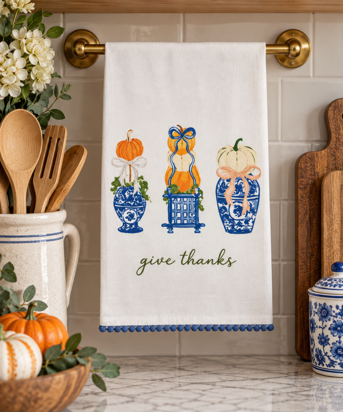GIVE THANKS MUD PIE TEA towel chinoiserie