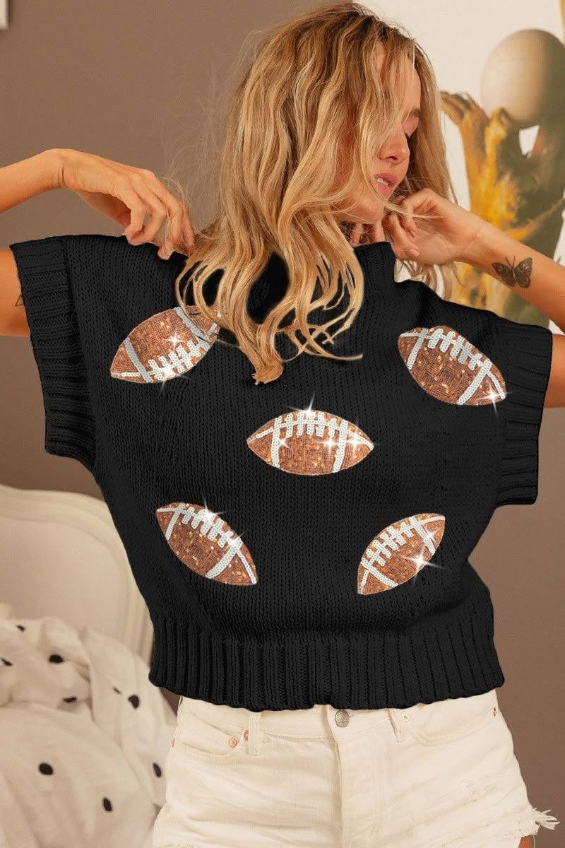 GAME DAY Solid Color Knit Sweater with Sequin Football Patches in Black