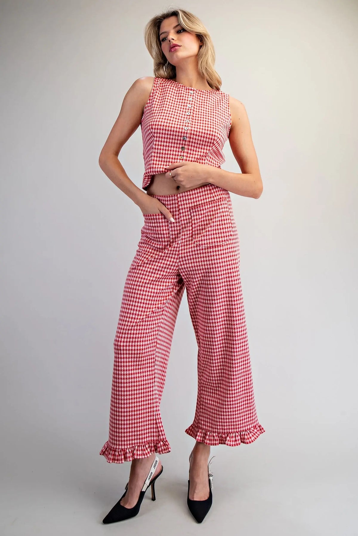 Gingham Printed Ruffle Hem Pants (Tomato)