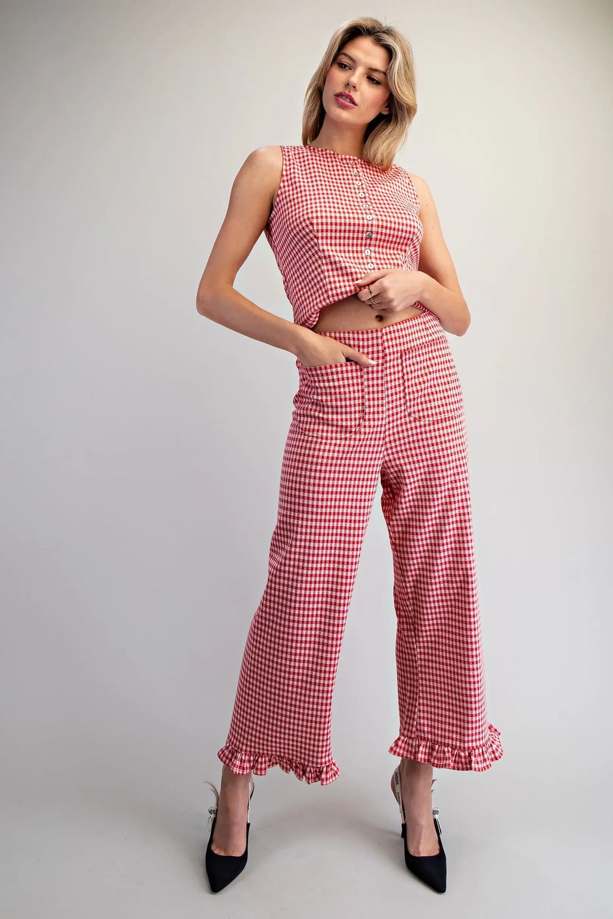 Gingham Printed Ruffle Hem Pants (Tomato)