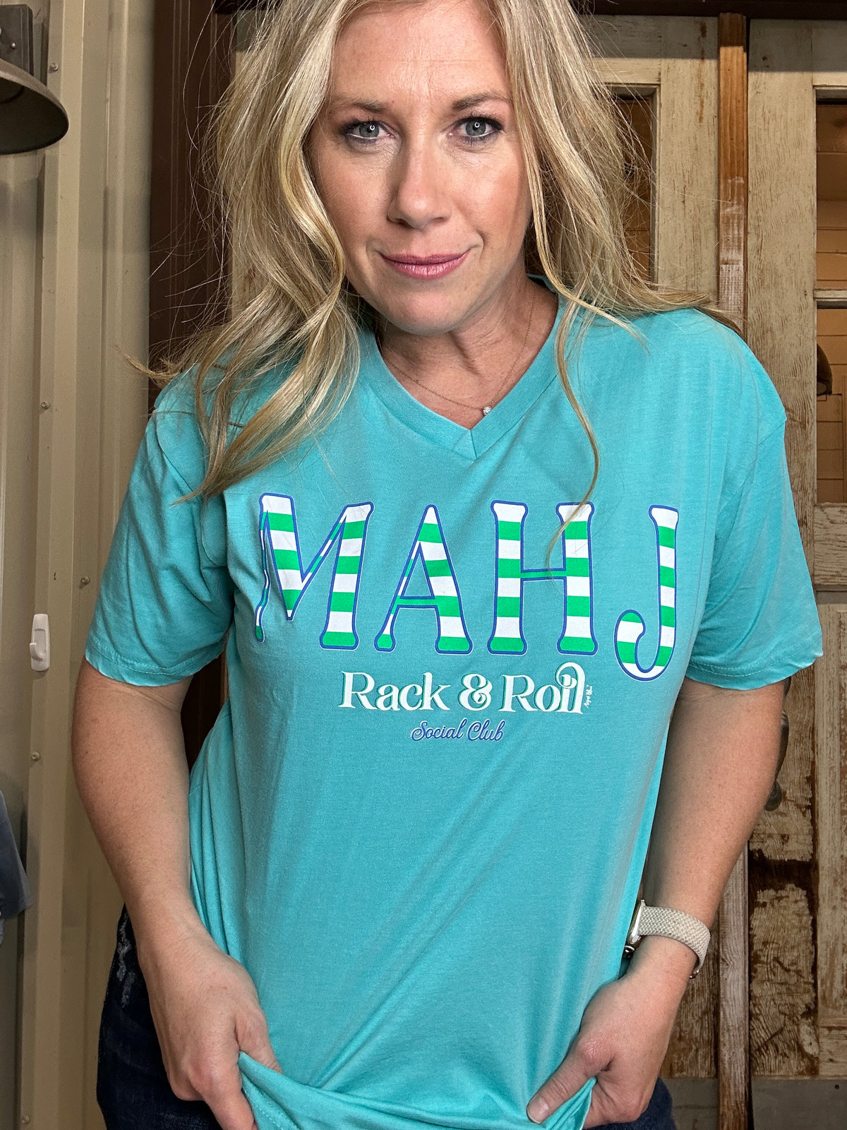 MAHJ striped Mahjong blue v-neck tee