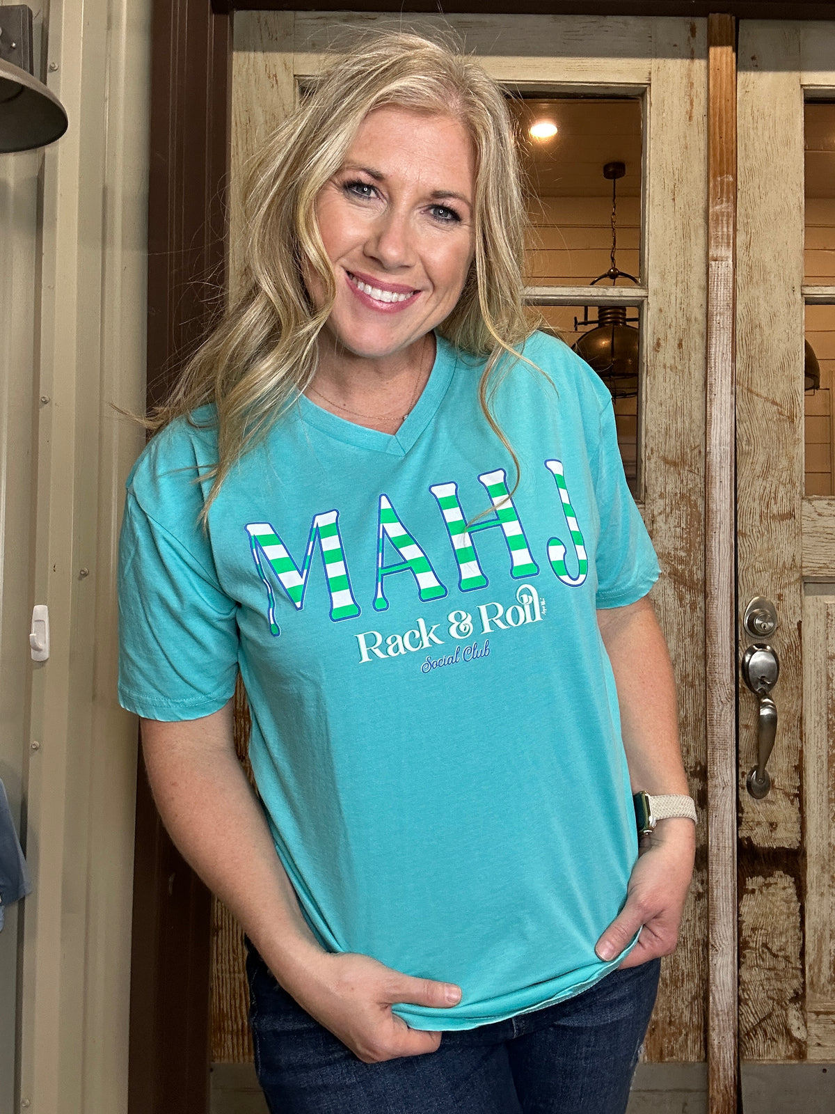 MAHJ striped Mahjong blue v-neck tee