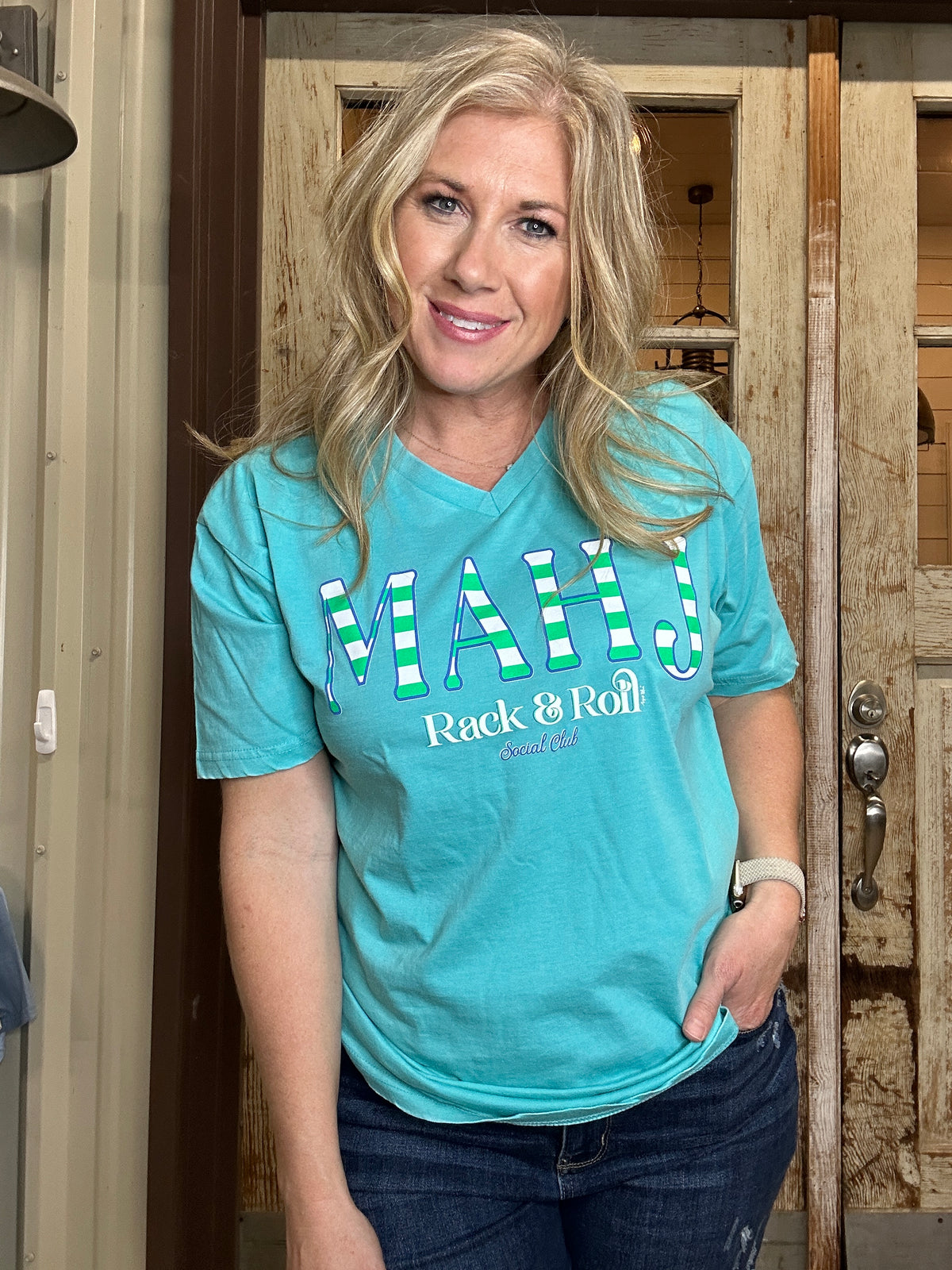 MAHJ striped Mahjong blue v-neck tee