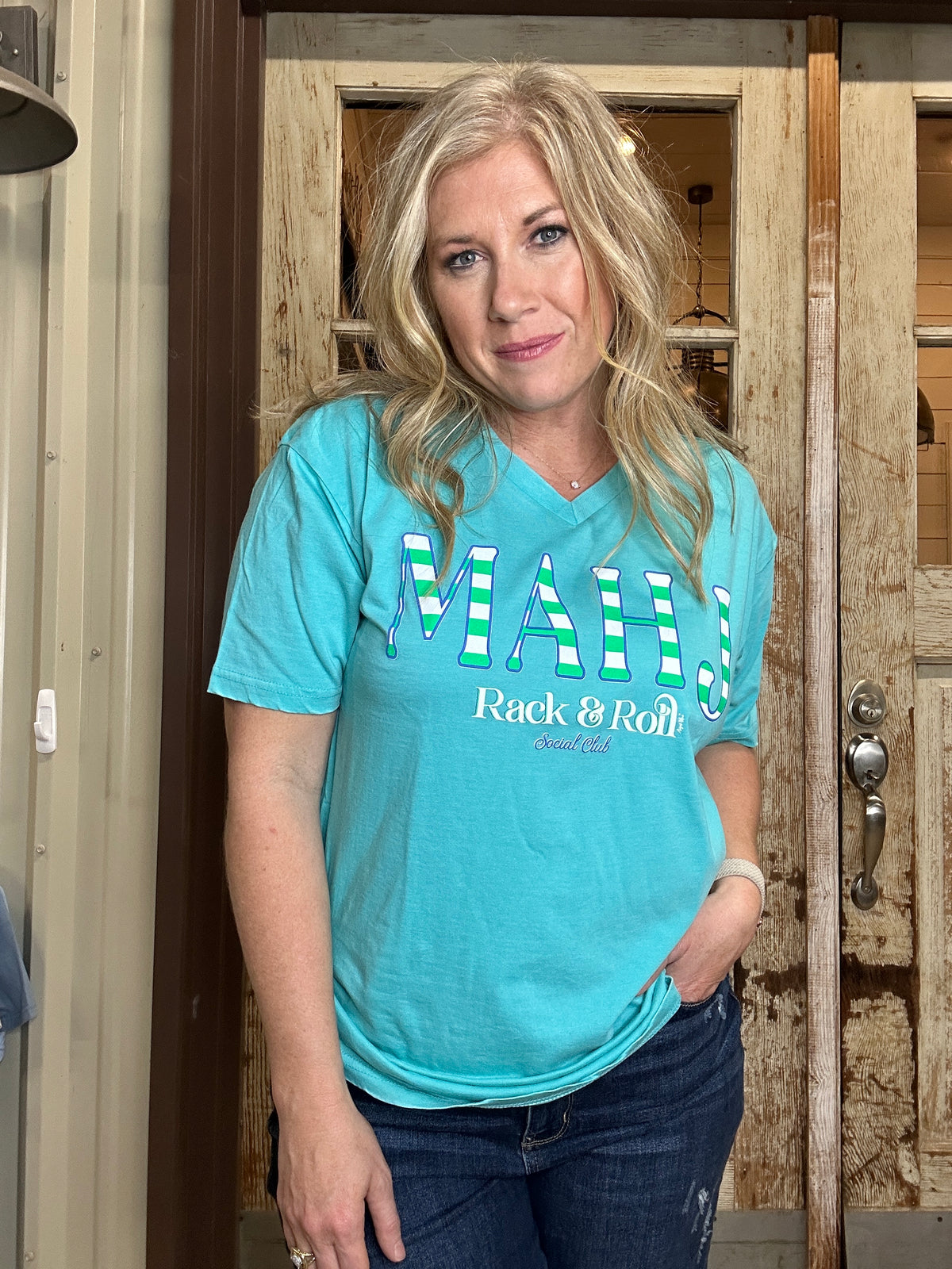 MAHJ striped Mahjong blue v-neck tee