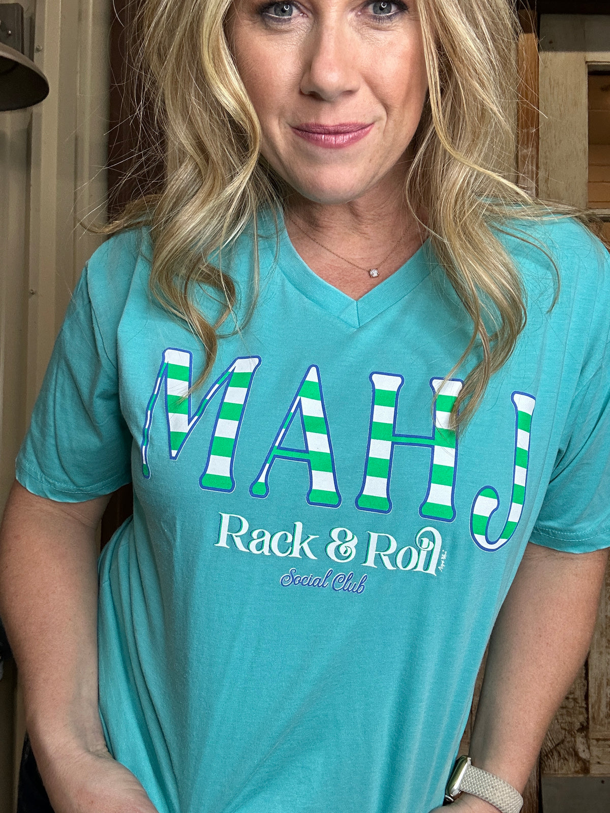 MAHJ striped Mahjong blue v-neck tee