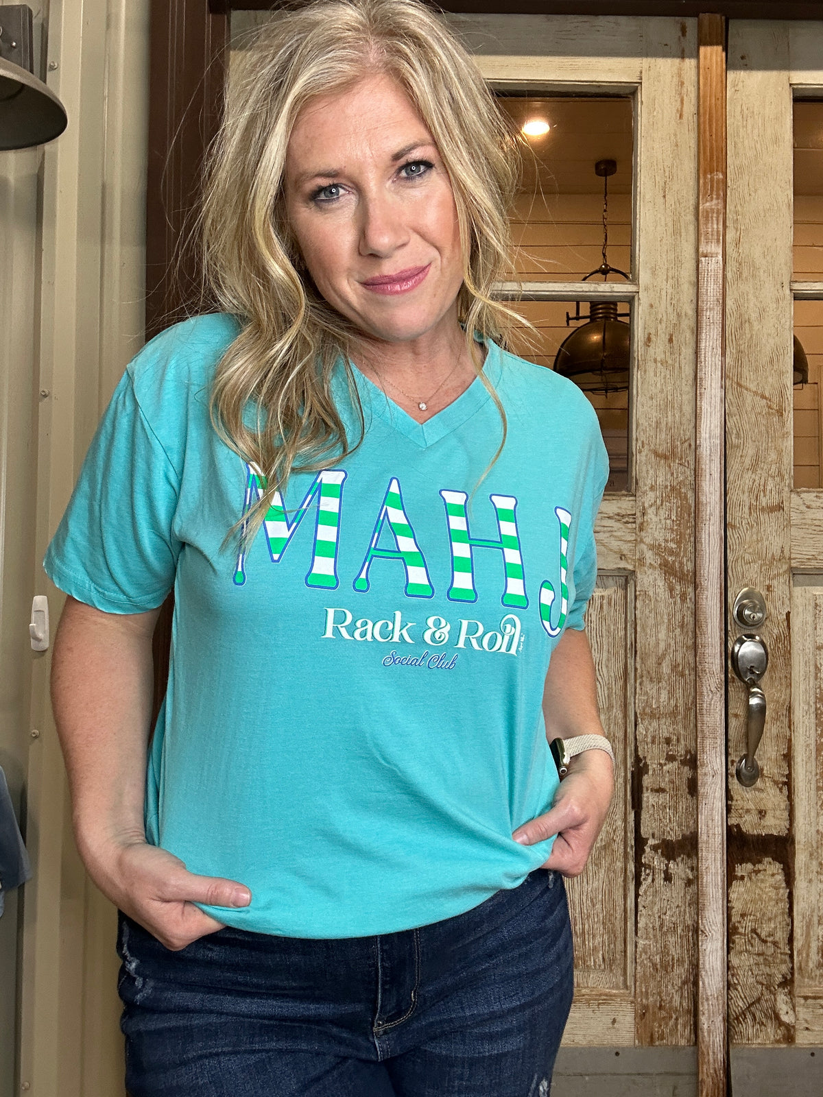 MAHJ striped Mahjong blue v-neck tee