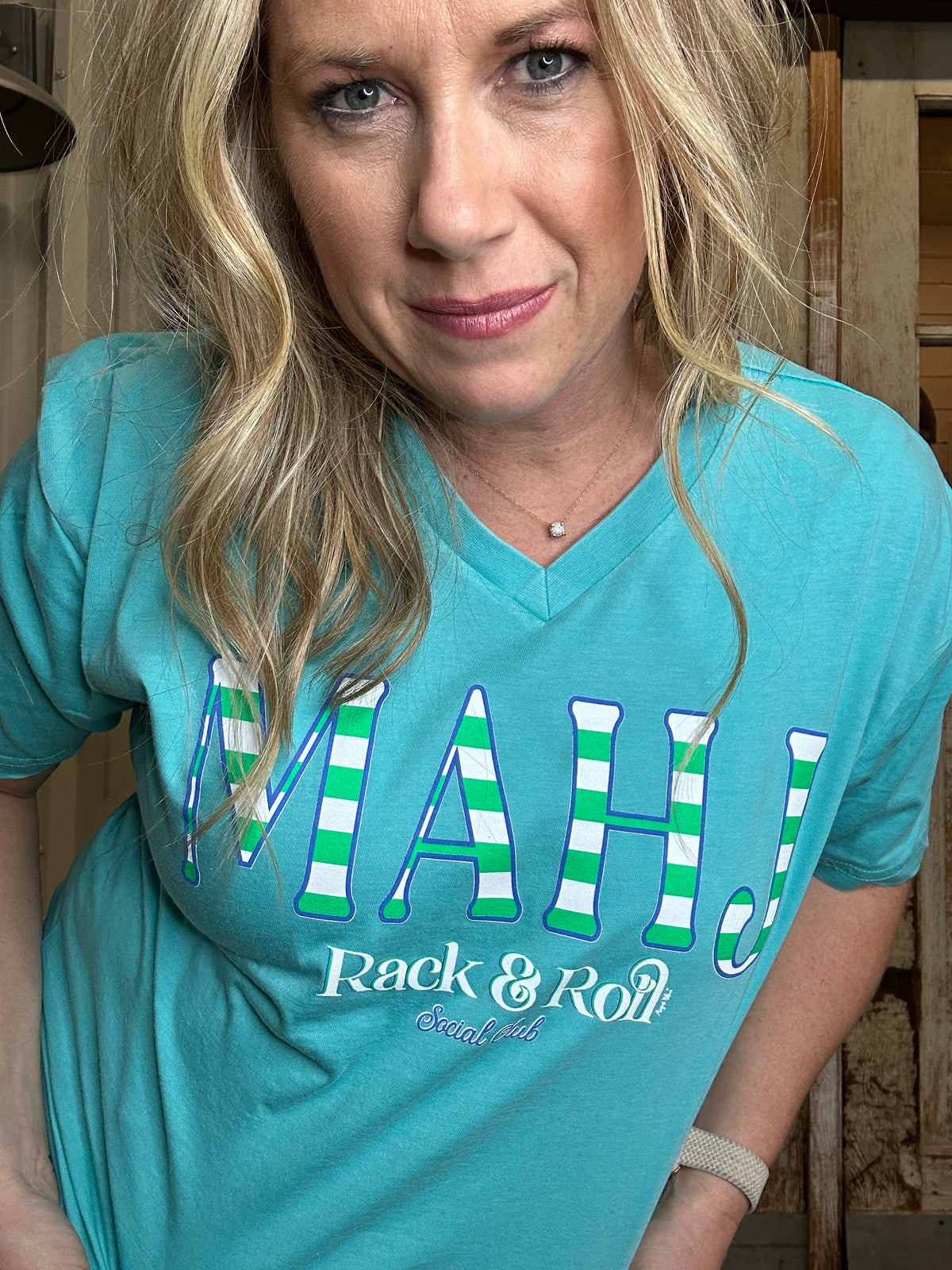 MAHJ striped Mahjong blue v-neck tee