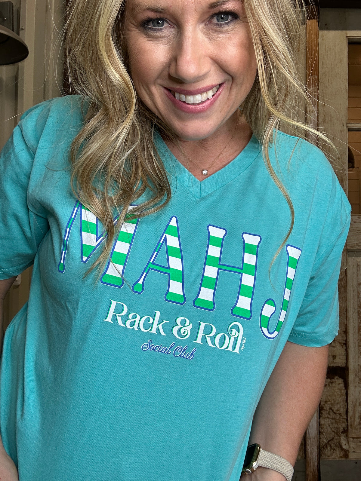 MAHJ striped Mahjong blue v-neck tee