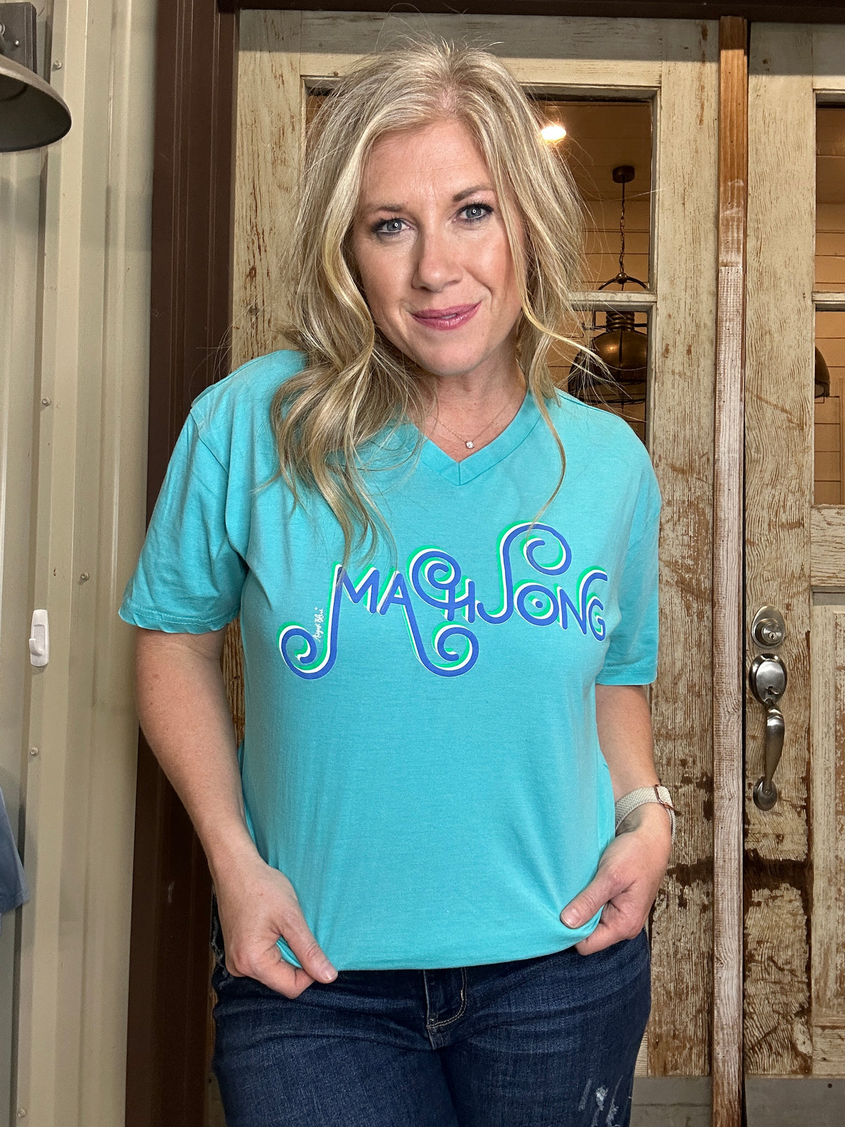 Mahjong Curly Cue Blue v neck tee