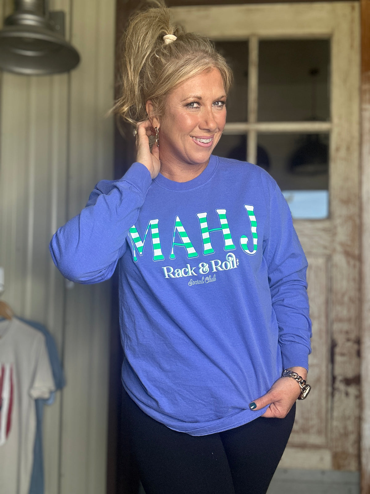 MAHJONG  RACK & ROLL FLO BLUE COMFORT COLOR  LONG SLEEVE TEE