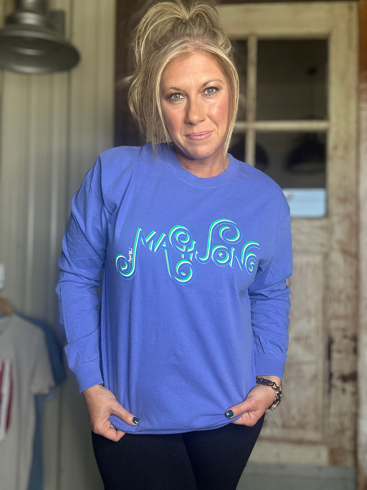 MAHJONG FLO BLUE  COMFORT COLOR LONG SLEEVE BLUE AND GREEN CURLY CUE