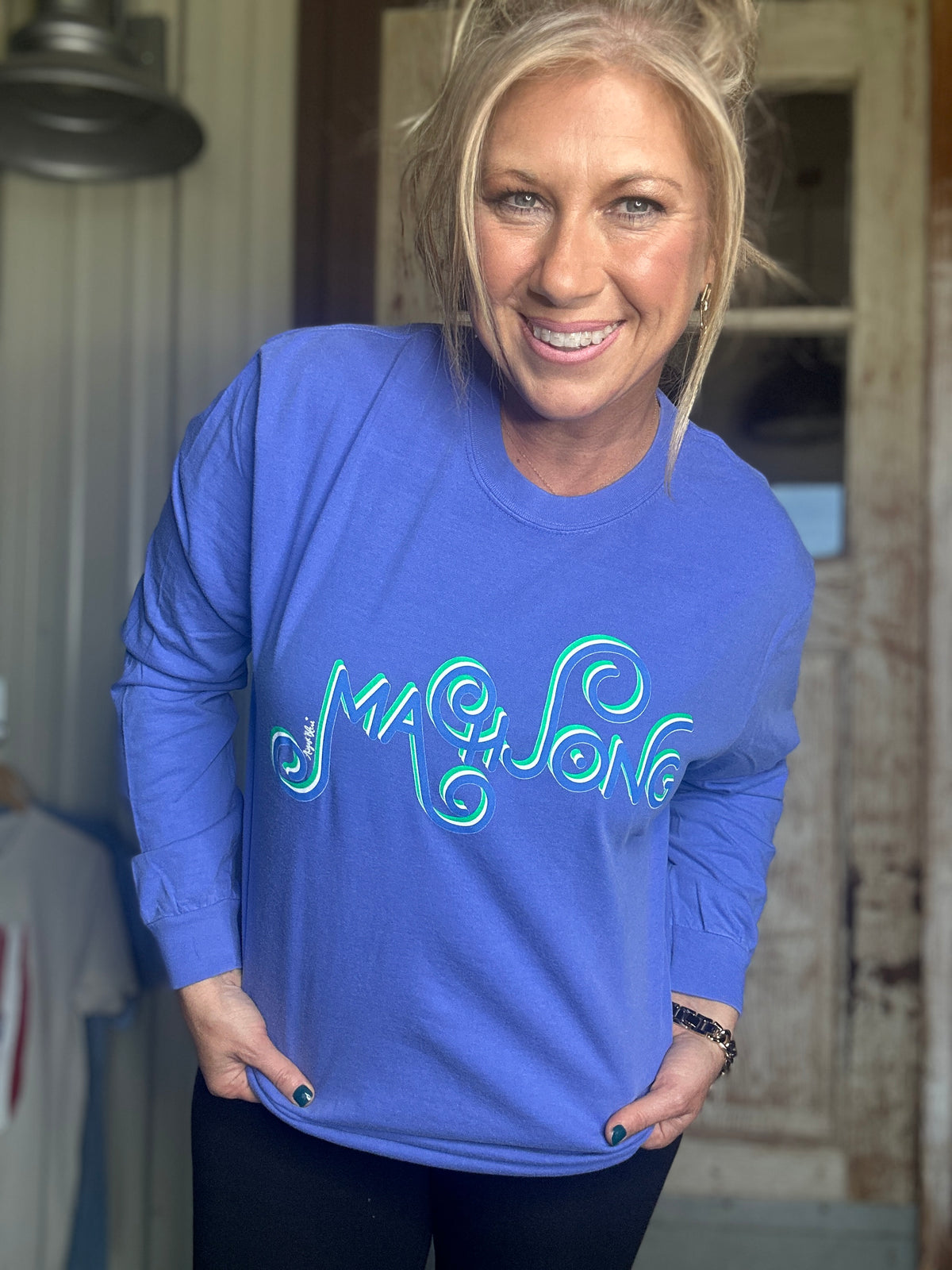 MAHJONG FLO BLUE  COMFORT COLOR LONG SLEEVE BLUE AND GREEN CURLY CUE