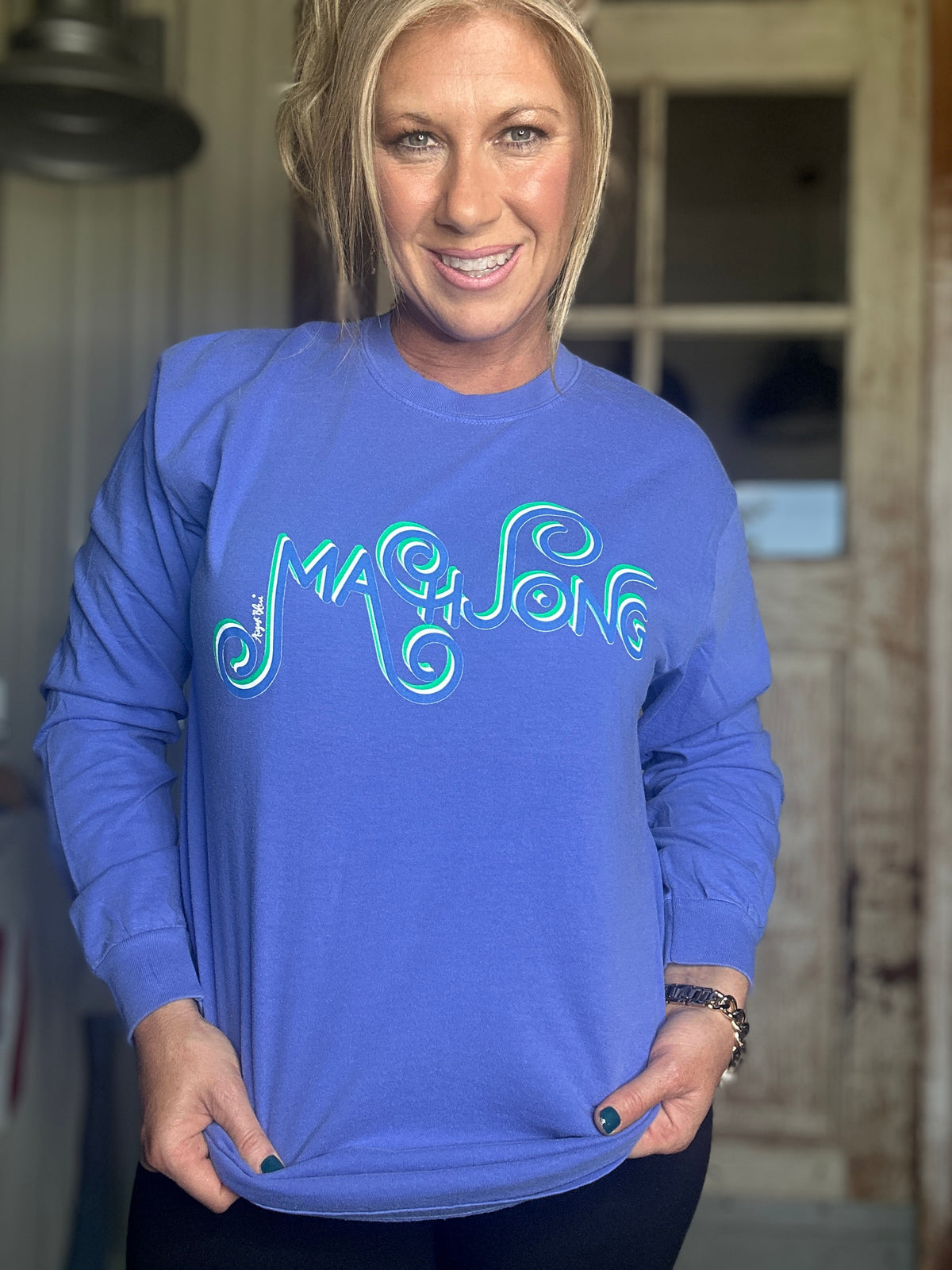 MAHJONG FLO BLUE  COMFORT COLOR LONG SLEEVE BLUE AND GREEN CURLY CUE