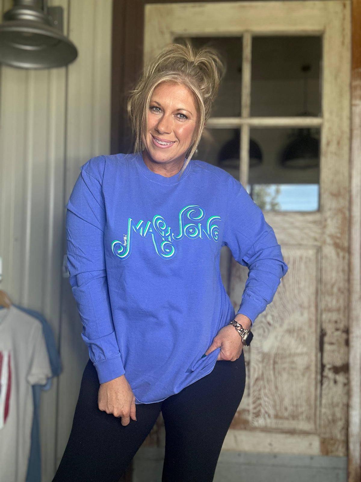 MAHJONG FLO BLUE  COMFORT COLOR LONG SLEEVE BLUE AND GREEN CURLY CUE