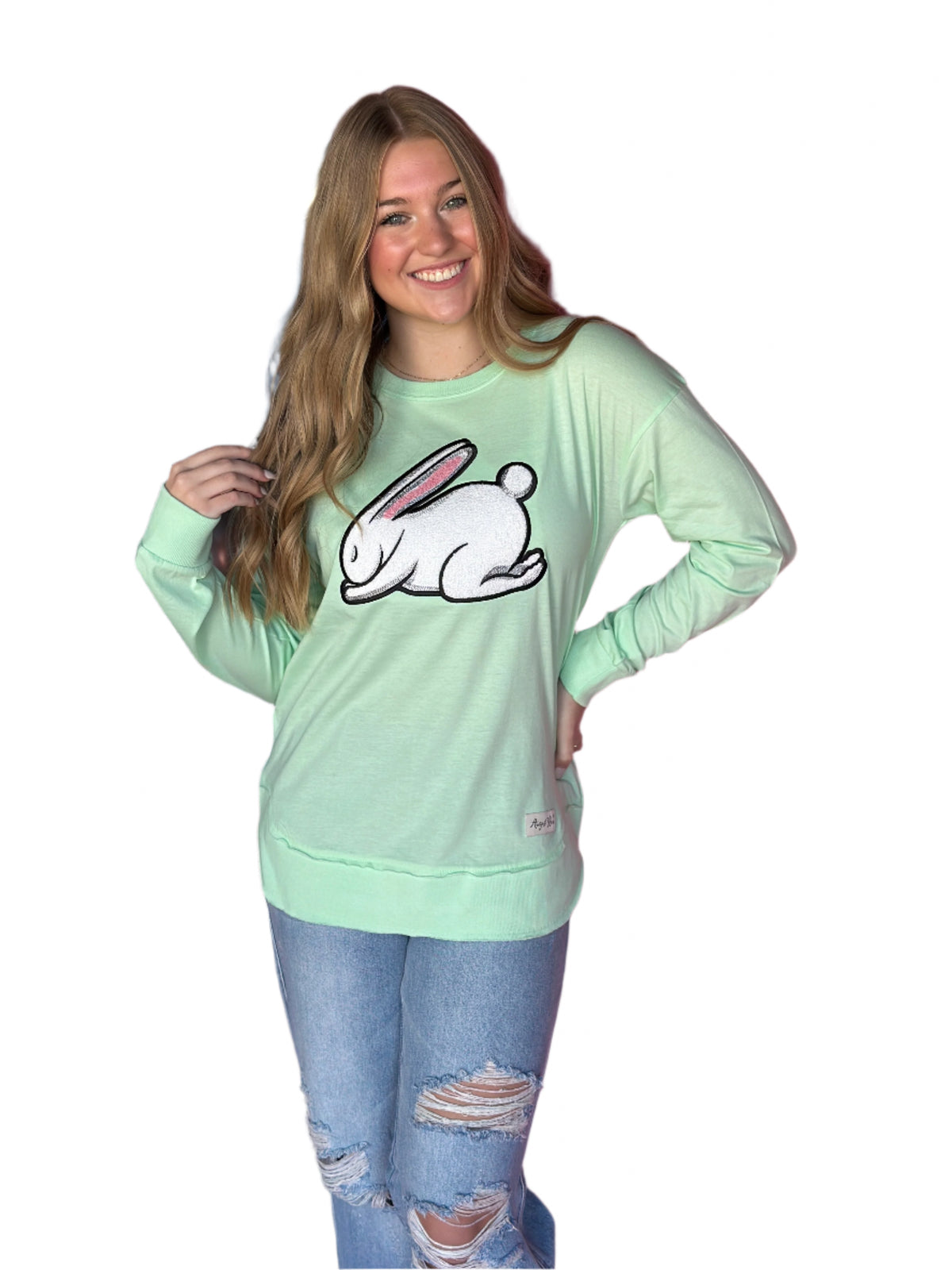 Praying Bunny Ice Mint Chenille Custom High Low Long Sleeve Tee