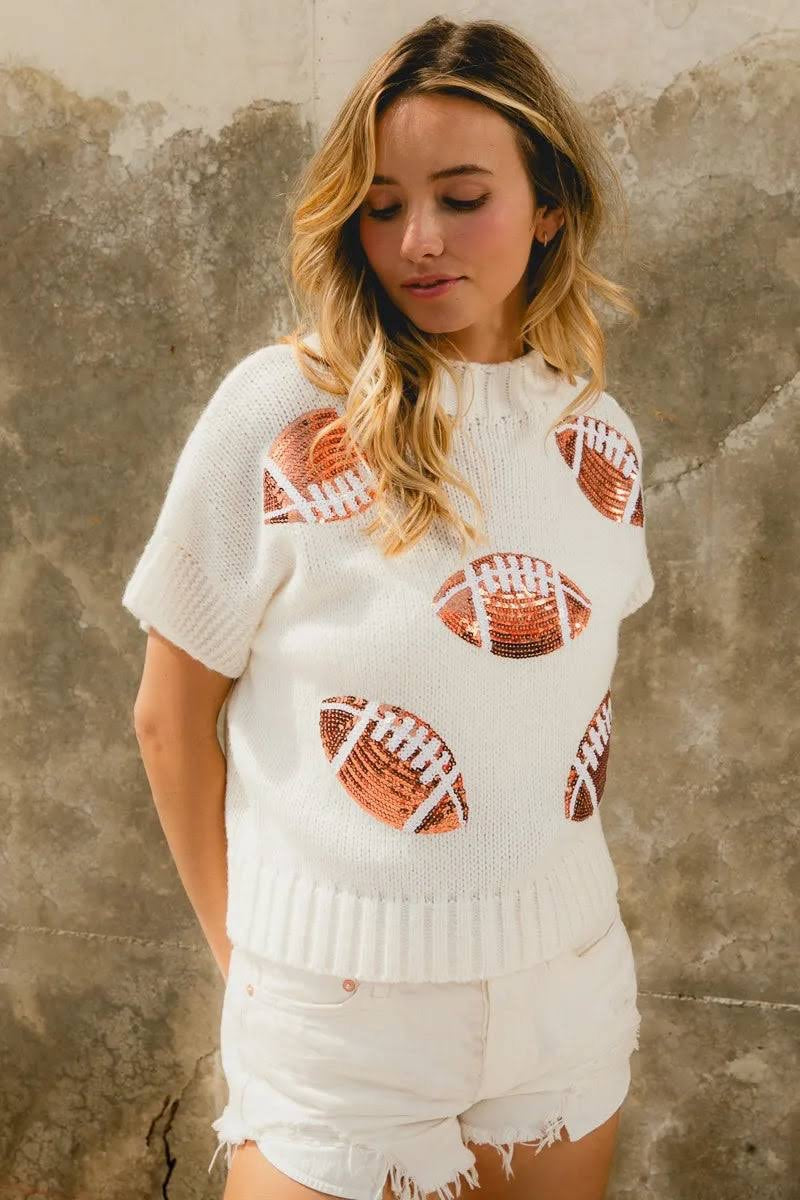 Gameday Sequin Football Patches Rib Banded Sweater